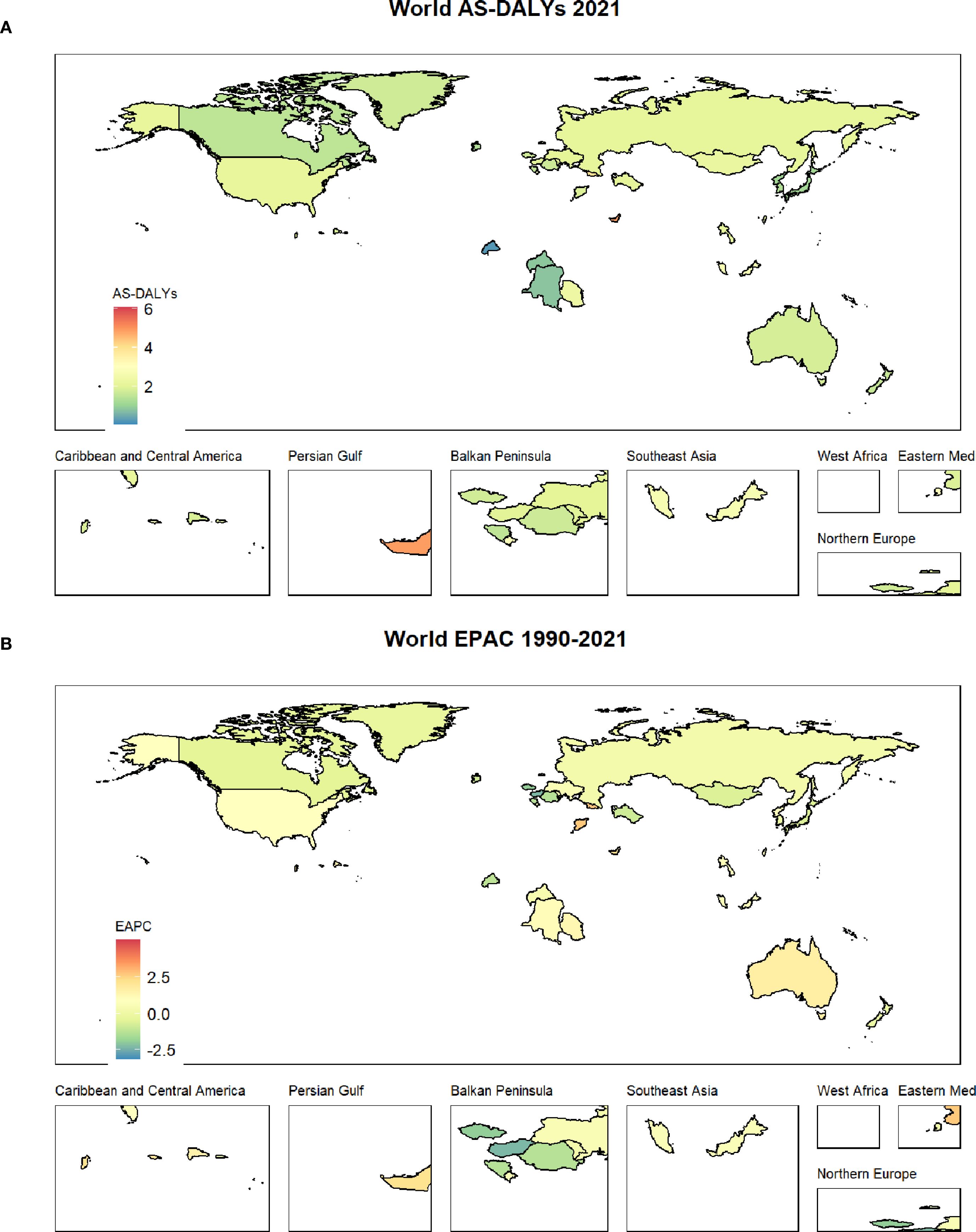 Map A shows global AS-DALYs for 2021, with a color gradient from green (low) to red (high). Areas include Caribbean, Persian Gulf, Balkans, Southeast Asia, West Africa, Eastern Mediterranean, and Northern Europe. Map B illustrates global EPAC from 1990 to 2021, using a gradient from blue (decrease) to red (increase), with the same regions highlighted.