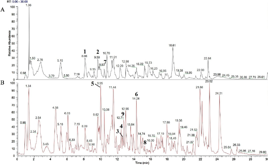Two chromatograms labeled A and B, displaying relative abundance against time in minutes. Both have peaks at specific times. Chromatogram A shows noticeable peaks at 1.36 and 18.61, while B shows peaks at 1.34 and 9.95. Peak numbers are marked near some peaks to indicate specific compounds.