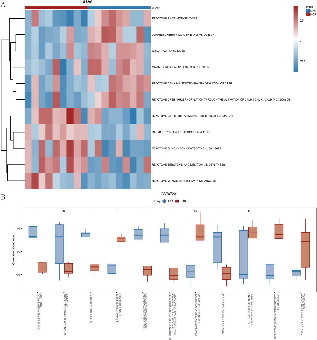 Panel A shows a box plot comparing gene expression levels across different genes and groups labeled LDK and HDR in the GSE87031 dataset. Panel B contains multiple ROC curves for various genes like AMPD3, FANCI, GPC3, etc., displaying sensitivity versus specificity with corresponding AUC values.