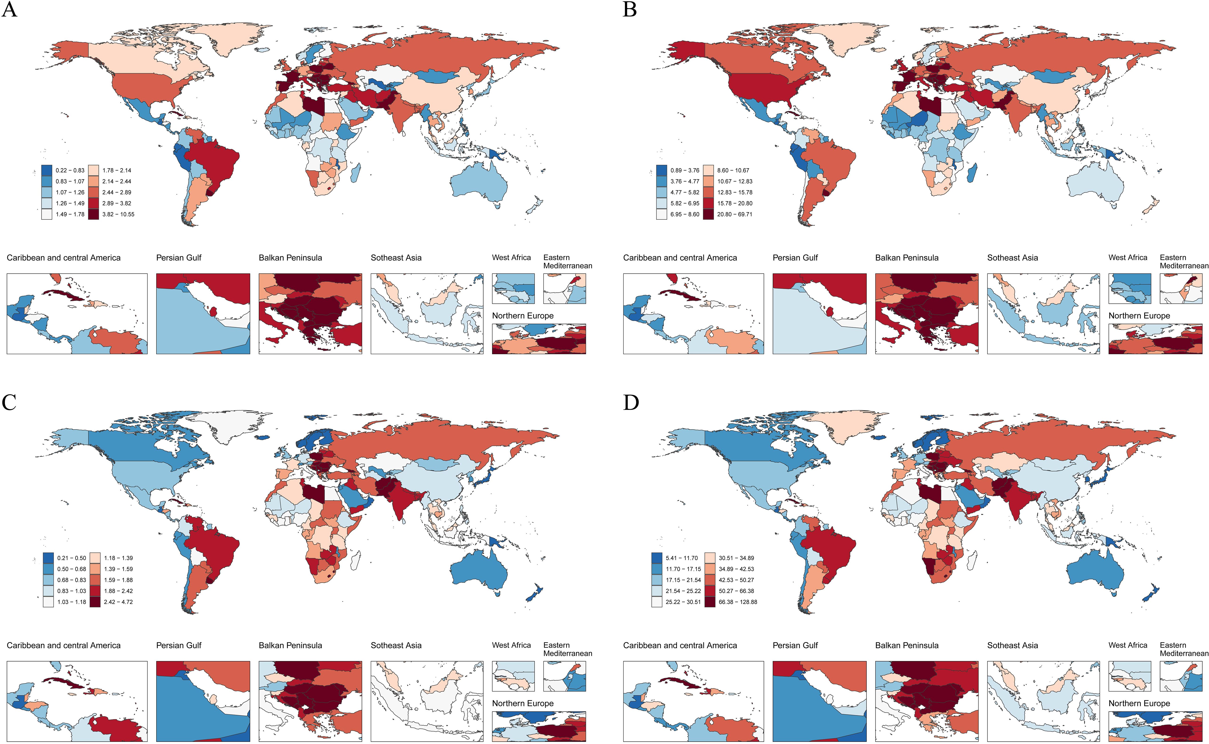 Four world maps labeled A, B, C, and D show different data distributions, each using a range of colors from blue to red. Below each map are zoomed-in regional insets for Caribbean and Central America, Persian Gulf, Balkan Peninsula, Southeast Asia, West Africa, Eastern Mediterranean, and Northern Europe. Each map has a legend indicating value ranges for the color coding, representing varying degrees of a specific statistical measure across global regions.
