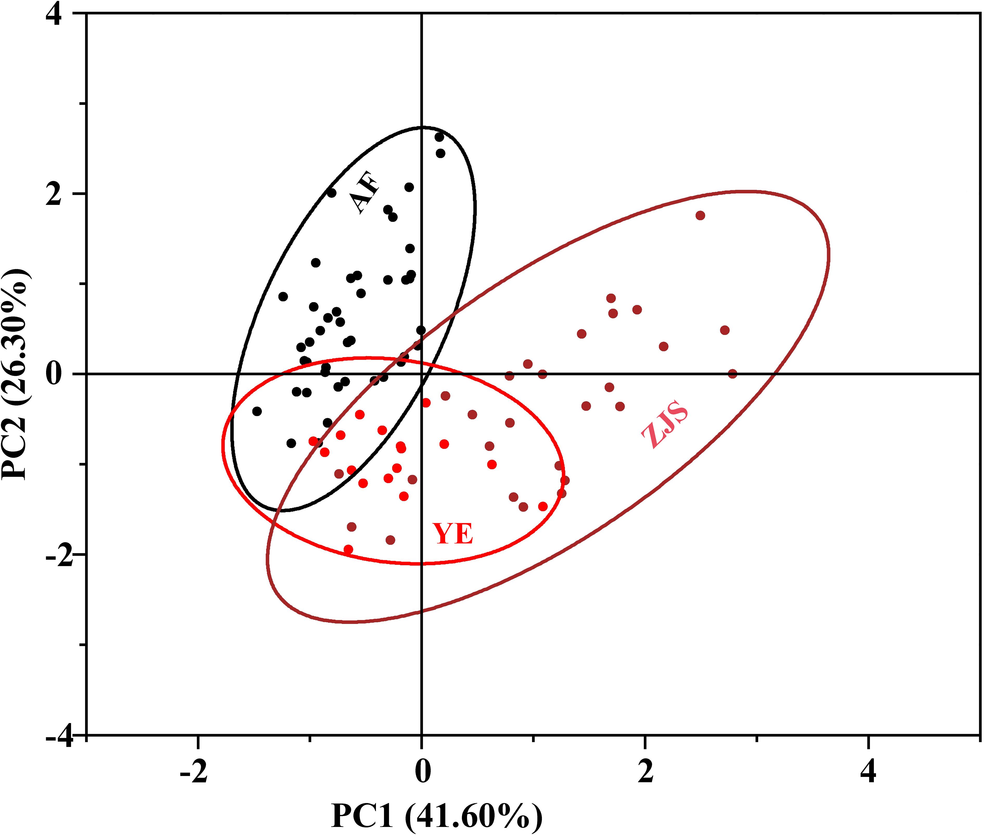 Scatter plot showing principal component analysis (PCA) results. The x-axis represents PC1 with 41.60% variance, and the y-axis represents PC2 with 26.30% variance. Three ellipses labeled AF, YE, and ZJS group data points, illustrating clustering patterns. Black dots represent AF, while red dots indicate YE and dark red dots indicate ZJS.