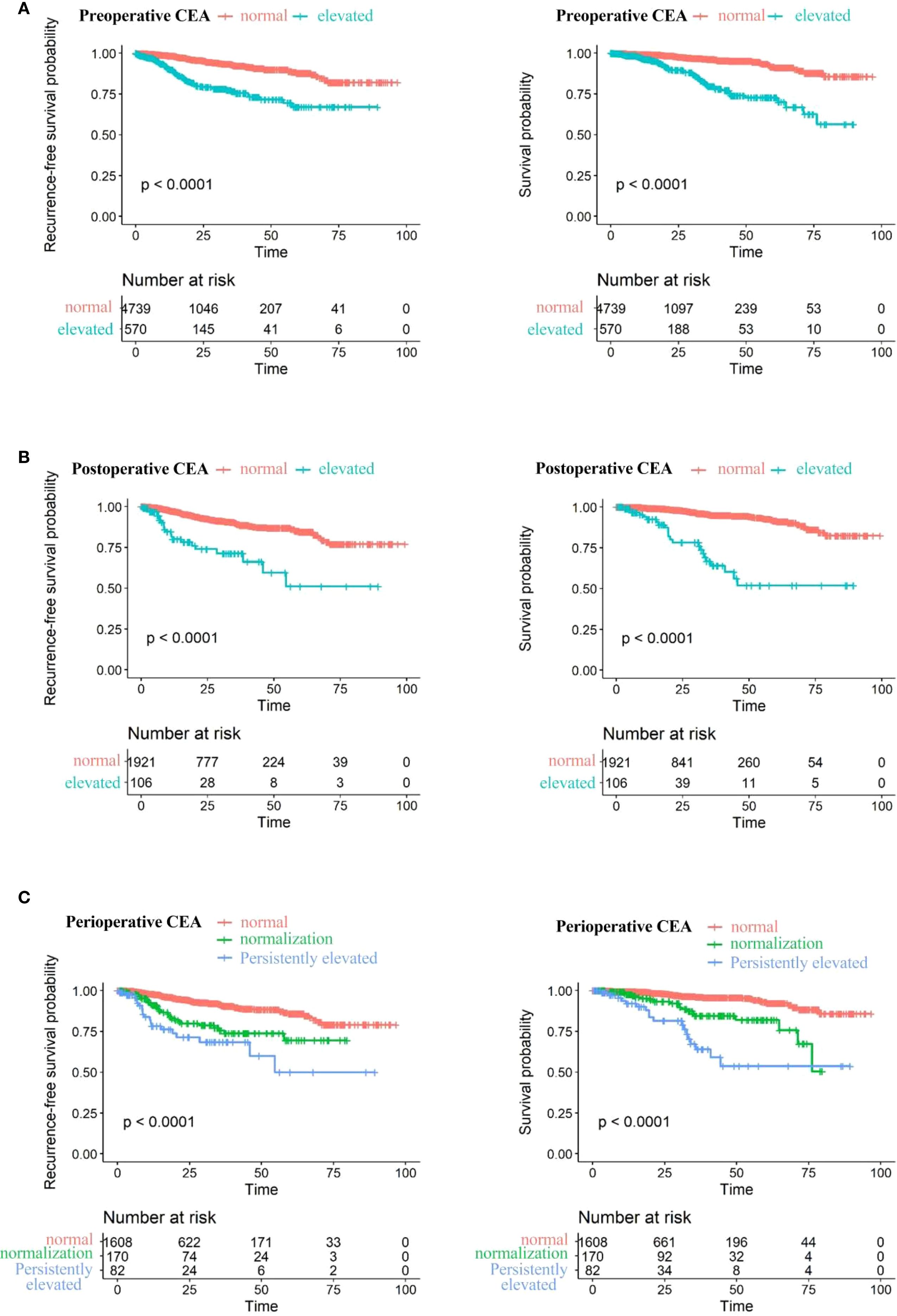 Graphs depicting recurrence-free and overall survival probabilities based on CEA levels. Panel A shows preoperative CEA, Panel B shows postoperative CEA, and Panel C shows perioperative CEA. In all panels, survival outcomes differ significantly between normal and elevated CEA levels, with p-values less than 0.0001. The graphs include “number at risk” tables showing sample sizes over time.