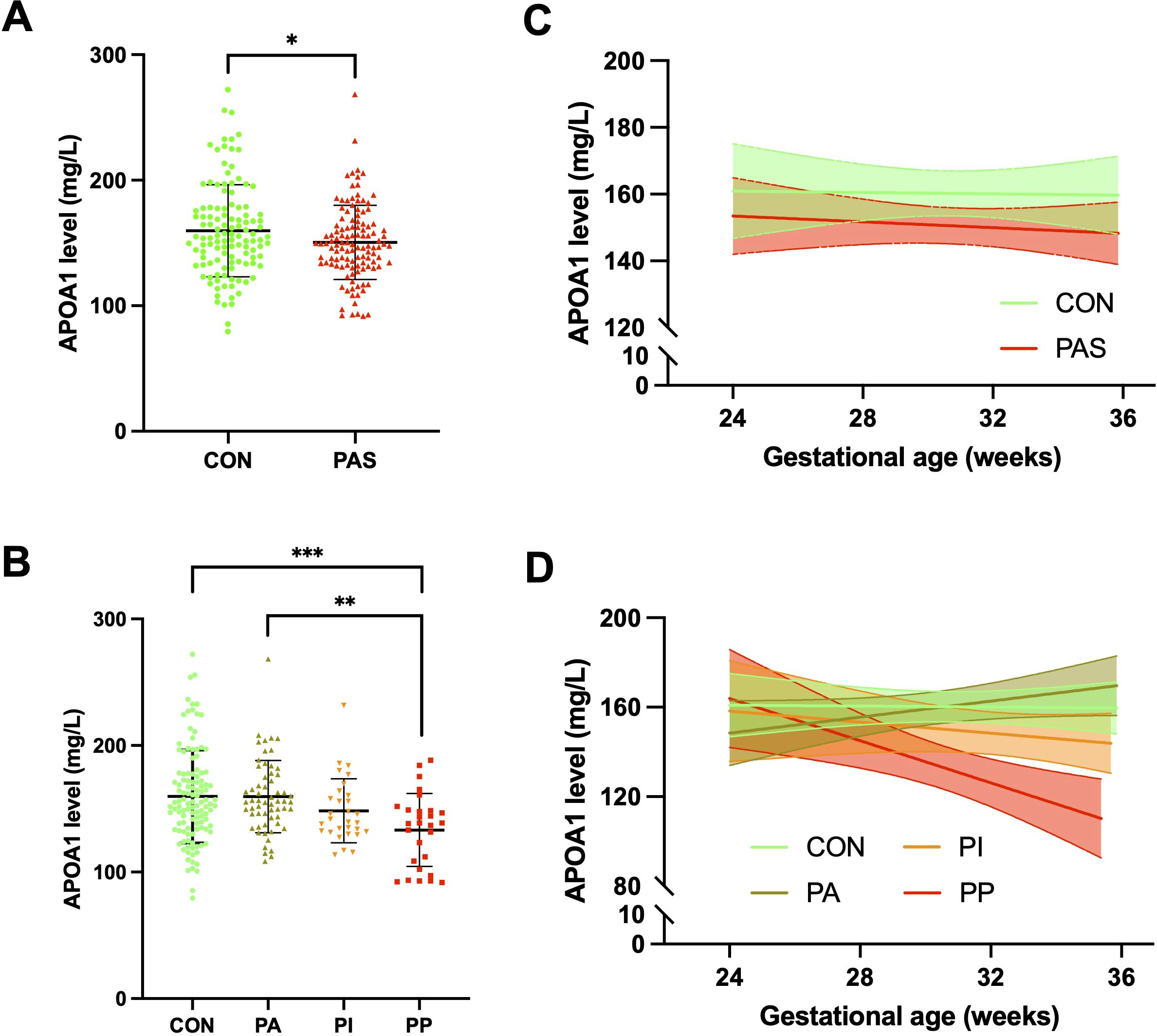 Four-panel chart showing APOA1 levels. Panel A: Scatter plot showing higher APOA1 levels in CON (green) than PAS (red) groups. Panel B: APOA1 levels decrease from CON (green) to PA (yellow), PI (orange), and PP (red). Panel C: Line graph showing APOA1 levels across gestational age; CON (green) slightly above PAS (red). Panel D: APOA1 levels across gestational age with trends for CON (green), PA (yellow), PI (orange), and PP (red) groups.