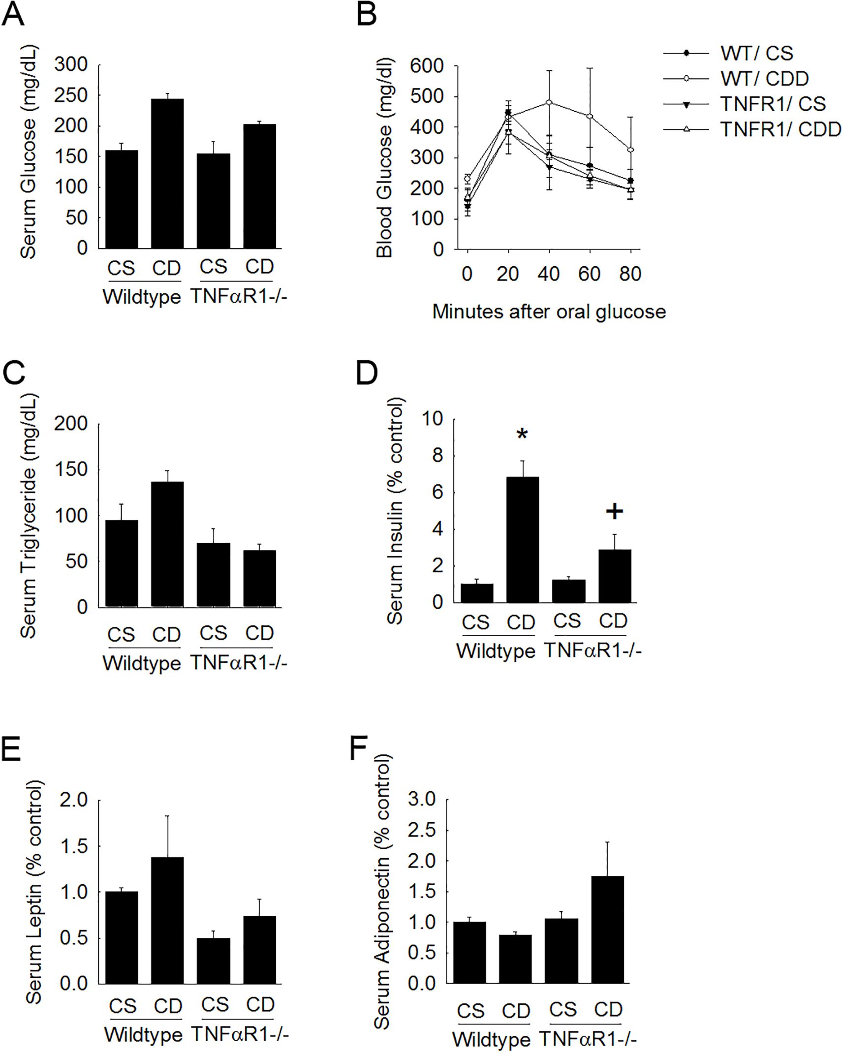Six-panel graph comparing various serum markers in wildtype and TNFαR1-/- mice. (A) Bar graph of serum glucose levels showing variations between CS and CD groups. (B) Line graph depicting blood glucose levels over time after oral glucose, with four groups shown. (C) Bar graph for serum triglyceride levels among different study groups. (D) Bar graph of serum insulin levels, highlighting a significant increase and difference. (E) Bar graph showing serum leptin levels. (F) Bar graph displaying serum adiponectin levels in the groups. Each panel compares wildtype to TNFαR1-/- mice in CS and CD conditions.