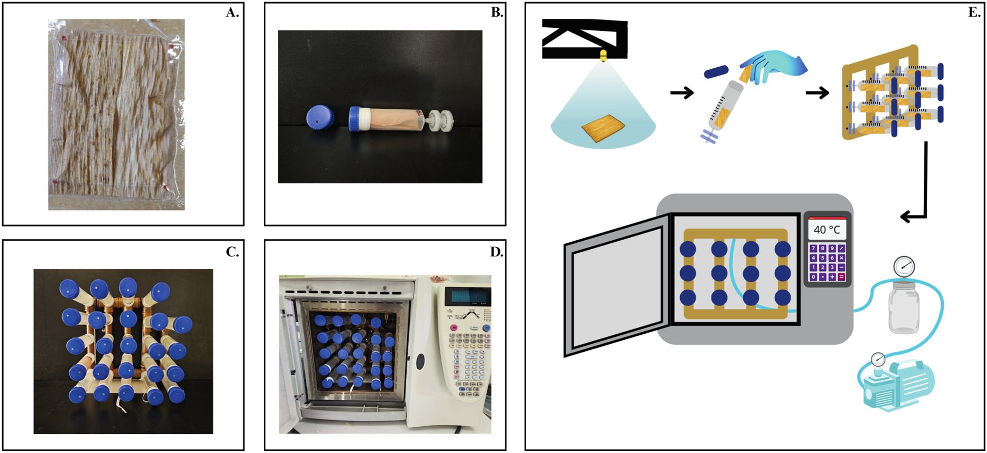 Experimental setup for assessing dicamba volatilization using corn straw. Panel A: 6 × 8 cm straw fragment (useful spray area 35 cm²). Panel B: vapor-collection cartridge—a plastic tube holding the straw, inlet cap with hole, and two outlet filters. Panel C: rack with 24 assembled cartridges. Panel D: cartridges inside a oven set to 40 °C. Panel E: schematic workflow: spray onto straw, insert into cartridge, place in rack inside oven, and a vacuum setup connected to the heating device.