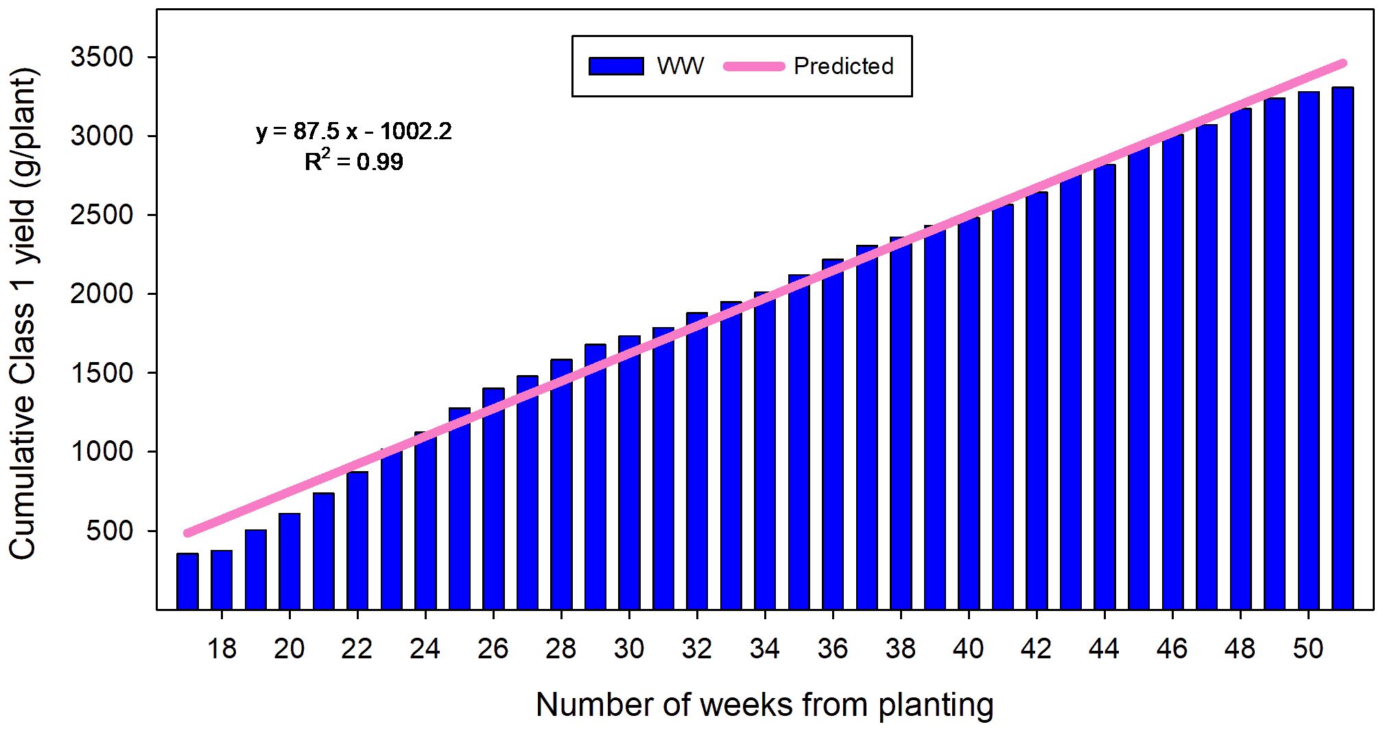 Bar chart showing cumulative Class 1 yield in grams per plant over 52 weeks from planting of Fragaria × ananassa Malling Ace under TCEA. The blue bars represent actual data (WW), and the pink line represents predicted values. The equation for the trend line is y equals eighty-seven point five x minus one thousand two point two, with R squared equal to zero point nine nine.