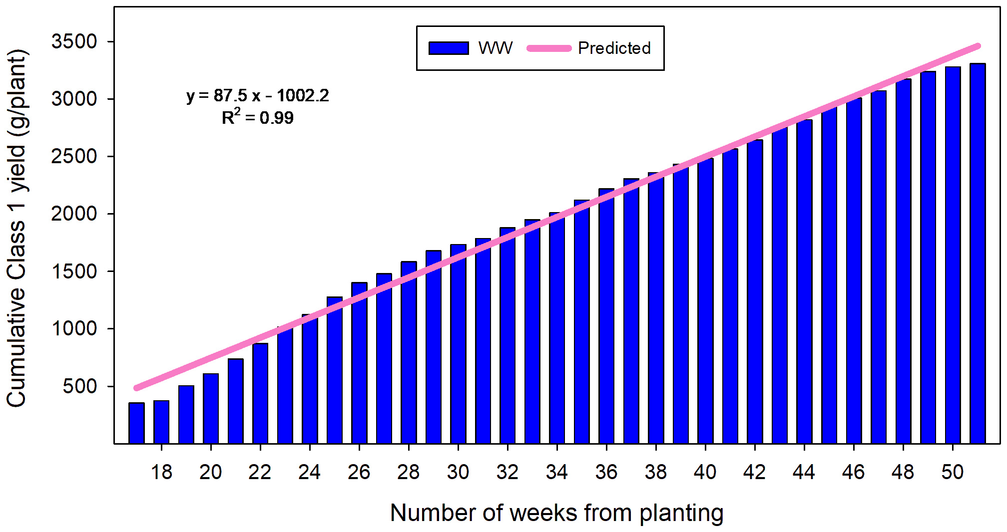 Bar chart showing cumulative Class 1 yield in grams per plant over 52 weeks from planting of Fragaria × ananassa Malling Ace under TCEA. The blue bars represent actual data (WW), and the pink line represents predicted values. The equation for the trend line is y equals eighty-seven point five x minus one thousand two point two, with R squared equal to zero point nine nine.
