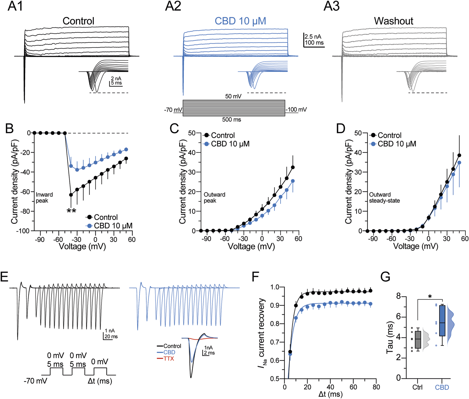 Electrophysiology data showing the effects of CBD on current density and voltage relationships. Panels A1-A3 display current traces under control, CBD treatment, and washout conditions. Panel B shows inward peak current density vs. voltage, highlighting significant changes with CBD. Panel C shows outward peak current density vs. voltage, while D shows outward steady-state current density. Panel E presents current traces for recovery from inactivation with schematic stimulation protocol. Panel F graphs I_Na current recovery over time. Panel G shows a box plot of time constant Tau in control and CBD conditions, indicating a significant difference.