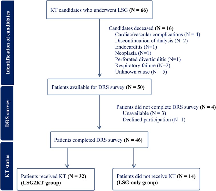 Flowchart depicting kidney transplant (KT) candidates who underwent laparoscopic sleeve gastrectomy(LSG). From sixty-six candidates, sixteen deceased due to various causes. Forty-six completed the survey. Thirty-two received KT (LSG2KT group), and fourteen did not (LSG-only group).