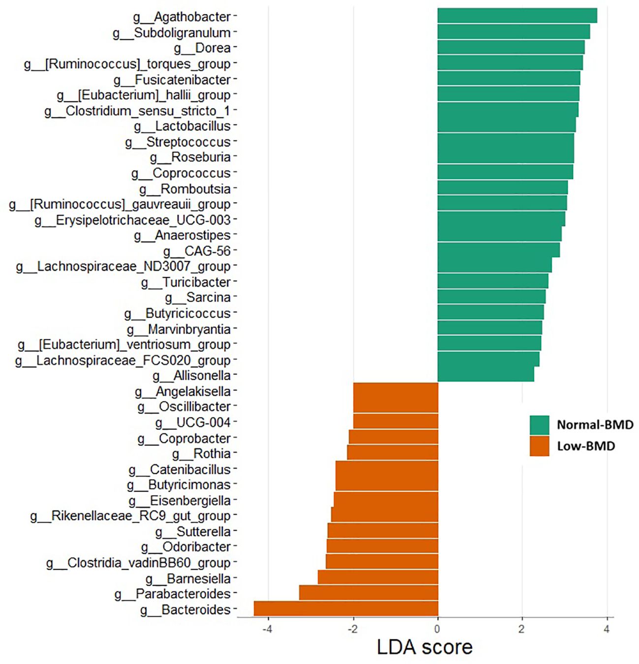 Bar chart displaying LDA scores for different bacterial genera linked to bone mineral density (BMD). Genera associated with normal BMD are shown in green, while those linked to low BMD are in orange.