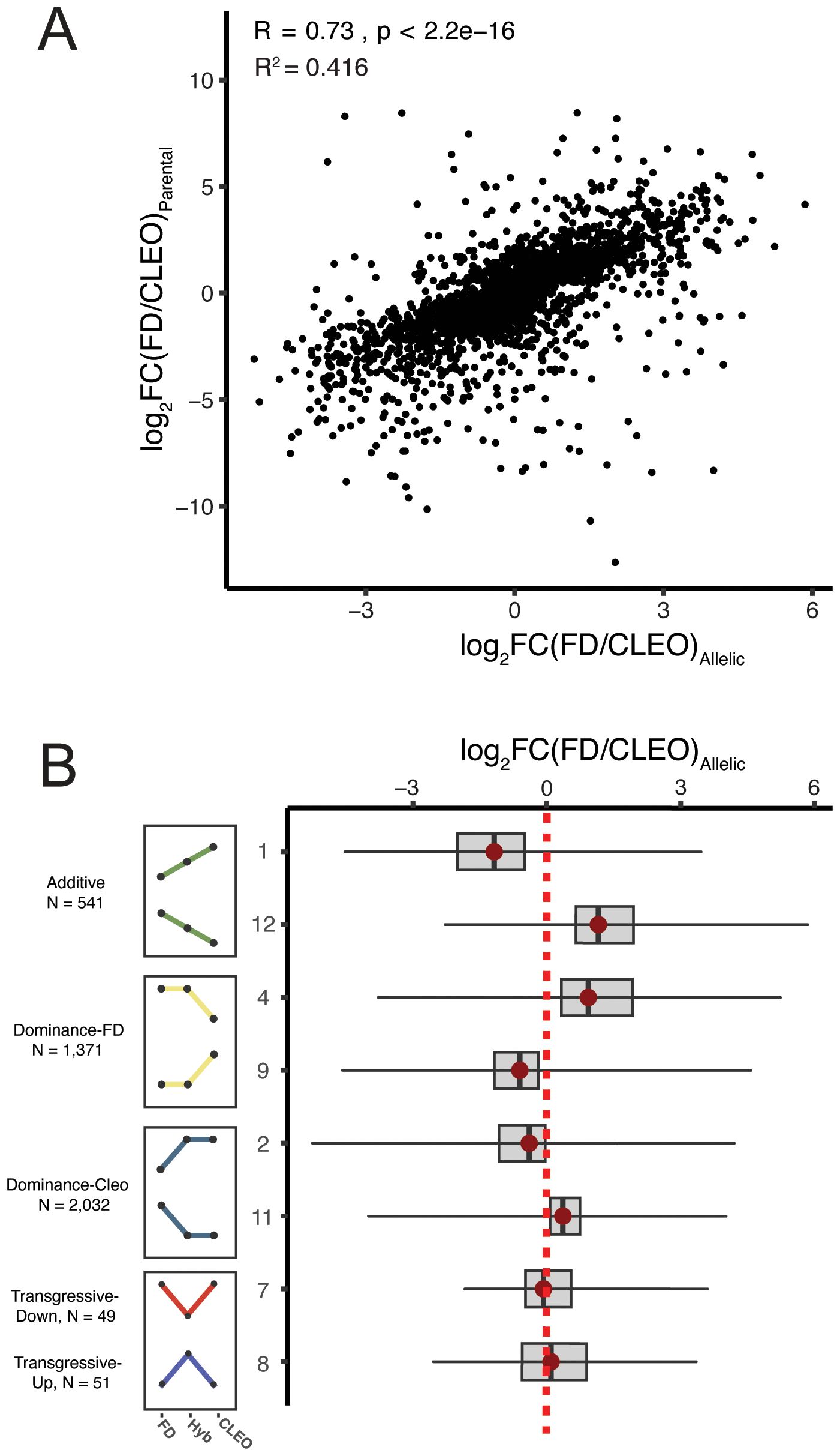 Scatter plot and box plot analysis of gene expression. Panel A shows a scatter plot of log2 fold change between FD and CLEO parental alleles, with a significant correlation (R = 0.73, p-value < 2.2 x 10^-16, R² = 0.416). Panel B displays box plots of log2 fold changes for categories: Additive, Dominance-FD, Dominance-Cleo, Transgressive-Down, and Transgressive-Up. Each category includes icons illustrating the gene expression pattern with sample sizes: Additive (N = 541), Dominance-FD (N = 1371), Dominance-Cleo (N = 2032), Transgressive-Down (N = 49), Transgressive-Up (N = 51).