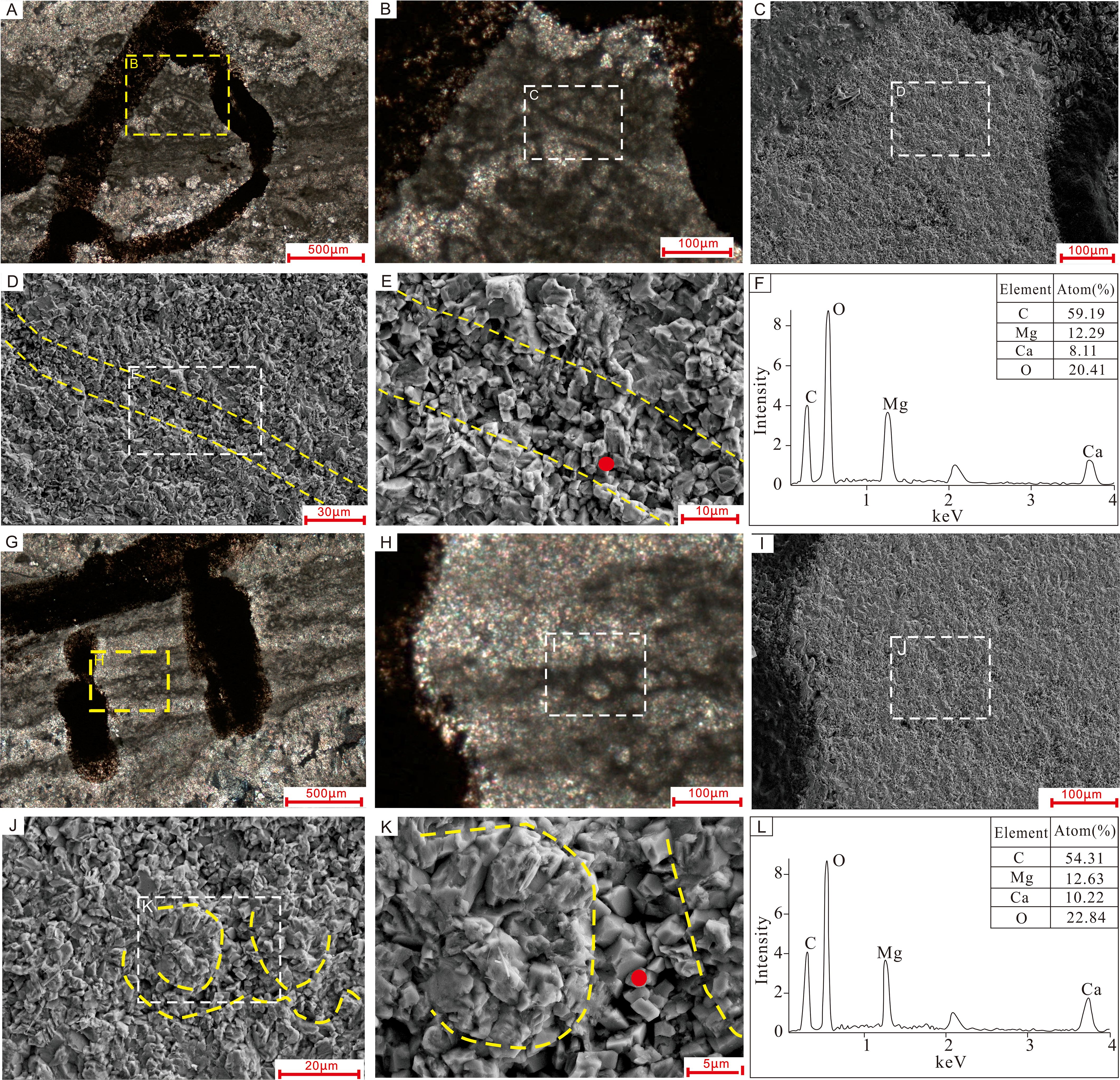 Composite image showing microscopic analyses of two samples.Panels C, D, E, I, J, K, and K display high-magnification images highlighting specific areas with dashed outlines, indicating zones of interest. Panels C and I provide detailedsurface examinations. Panels F and L present elemental composition charts and tables, listing atom percentages of carbon, magnesium, calcium, and oxygen. Each panelincludes scale markers ranging from 5 to 500 micrometers, demonstrating variations in sample textures and compositions.