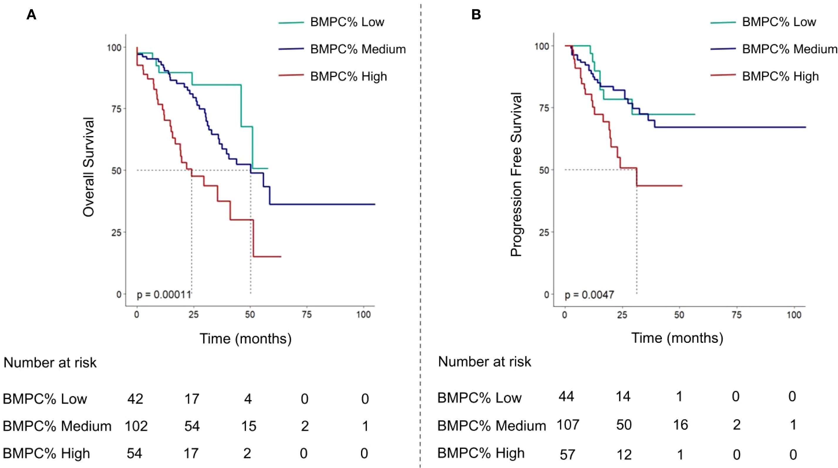 Two Kaplan-Meier survival plots compare overall survival (A) and progression-free survival (B) over time in months for different BMPC% groups: Low, Medium, and High. Plot A shows a significant difference in overall survival, with p=0.00011, while Plot B shows progression-free survival with p=0.0047. Each plot includes a legend and a table listing the number of patients at risk at different time points. BMPC% Low generally shows better survival outcomes compared to Medium and High.