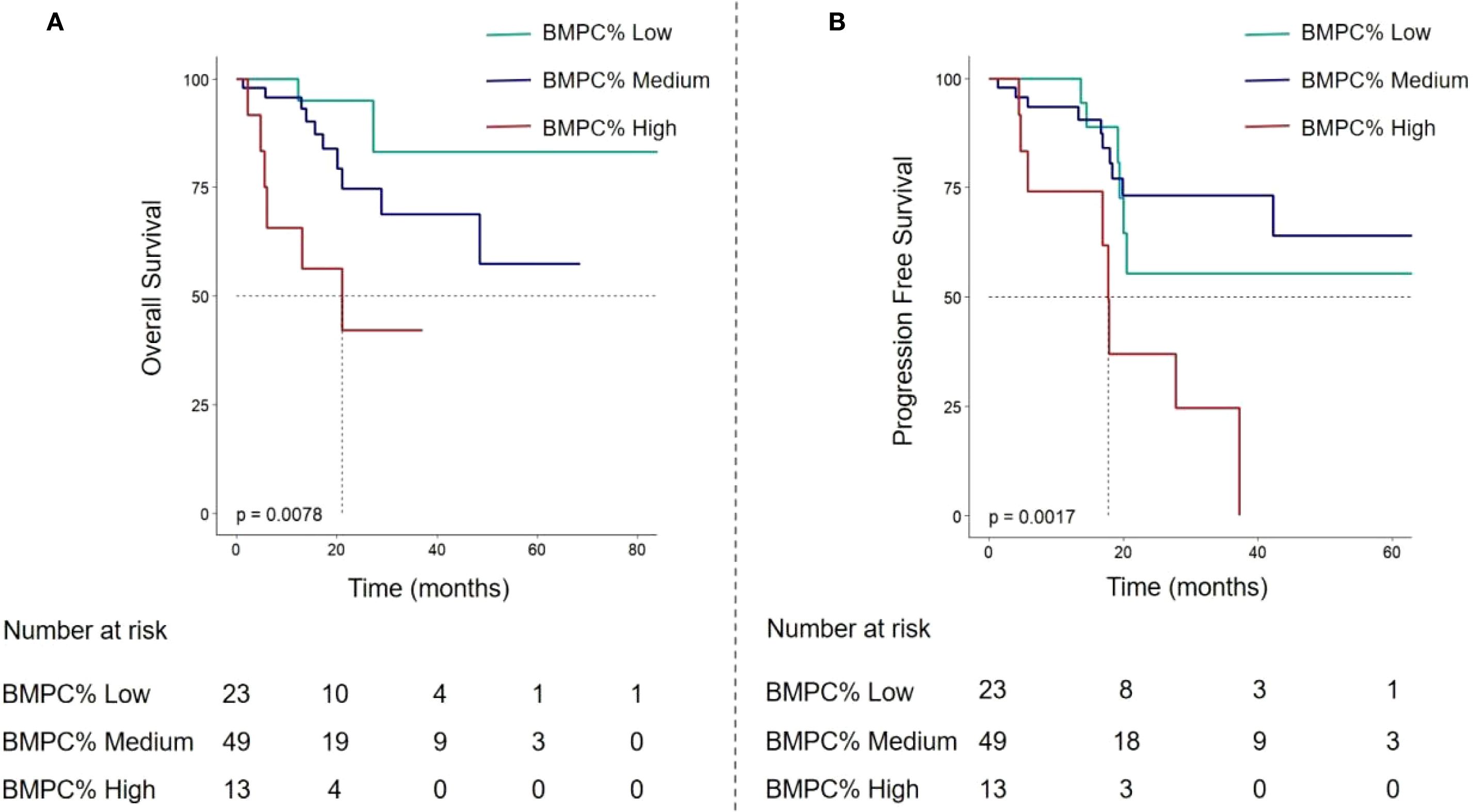 Two Kaplan-Meier survival curves depict outcomes based on BMPC percentage levels. Chart A shows overall survival, with low, medium, and high BMPC% groups differentiated by turquoise, blue, and red lines respectively. Chart B depicts progression-free survival with similar group distinctions. Both charts display time (months) on the x-axis and survival percentage on the y-axis, with significant p-values noted. Tables below each chart provide numbers at risk for each group at specified time points.