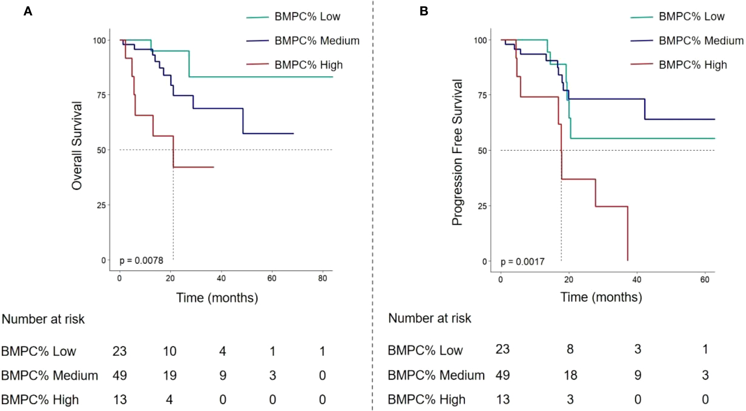 Two Kaplan-Meier survival curves depict outcomes based on BMPC percentage levels. Chart A shows overall survival, with low, medium, and high BMPC% groups differentiated by turquoise, blue, and red lines respectively. Chart B depicts progression-free survival with similar group distinctions. Both charts display time (months) on the x-axis and survival percentage on the y-axis, with significant p-values noted. Tables below each chart provide numbers at risk for each group at specified time points.