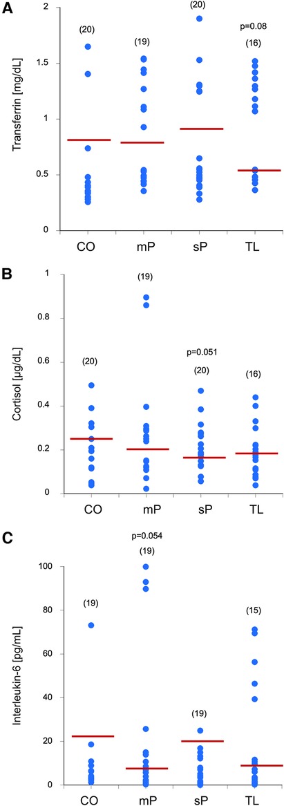 Scatter plots comparing transferrin, cortisol, and interleukin-6 levels across four groups: CO, mP, sP, and TL. Each plot shows individual data points in blue with red lines indicating the median. Panel A displays transferrin levels with a p-value of 0.08 for the TL group. Panel B shows cortisol levels with a p-value of 0.051 for sP group. Panel C illustrates interleukin-6 levels with a p-value of 0.054 for the TL group. The number of samples for each group is indicated in parentheses.