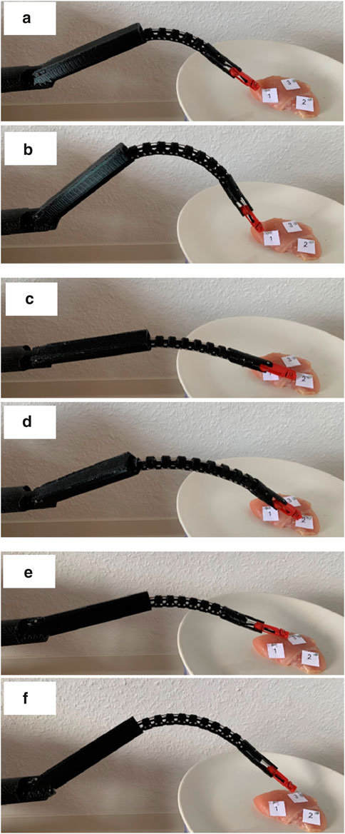 A black robotic arm with a flexible structure manipulates a piece of raw chicken on a plate across six panels labeled a to f. The chicken is marked with numbered labels. The arm demonstrates different gripping positions and angles, engaging with the chicken at various points.
