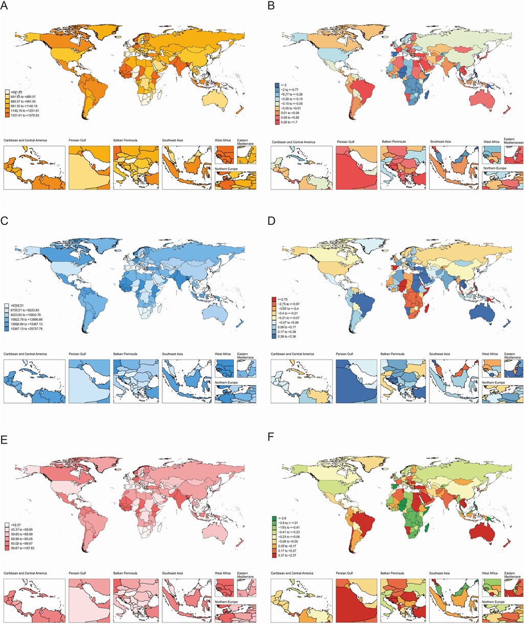Six world maps labeled A to F, each with different color gradients indicating various data metrics by region. Sub-panels for areas like the Caribbean, Persian Gulf, and Southeast Asia show details. Maps A and E use warm colors; B and D use mixed warm and cool tones. C features cool colors, while F displays green and red tones. Each map highlights different global patterns, with varying emphasis on specific geographical areas.