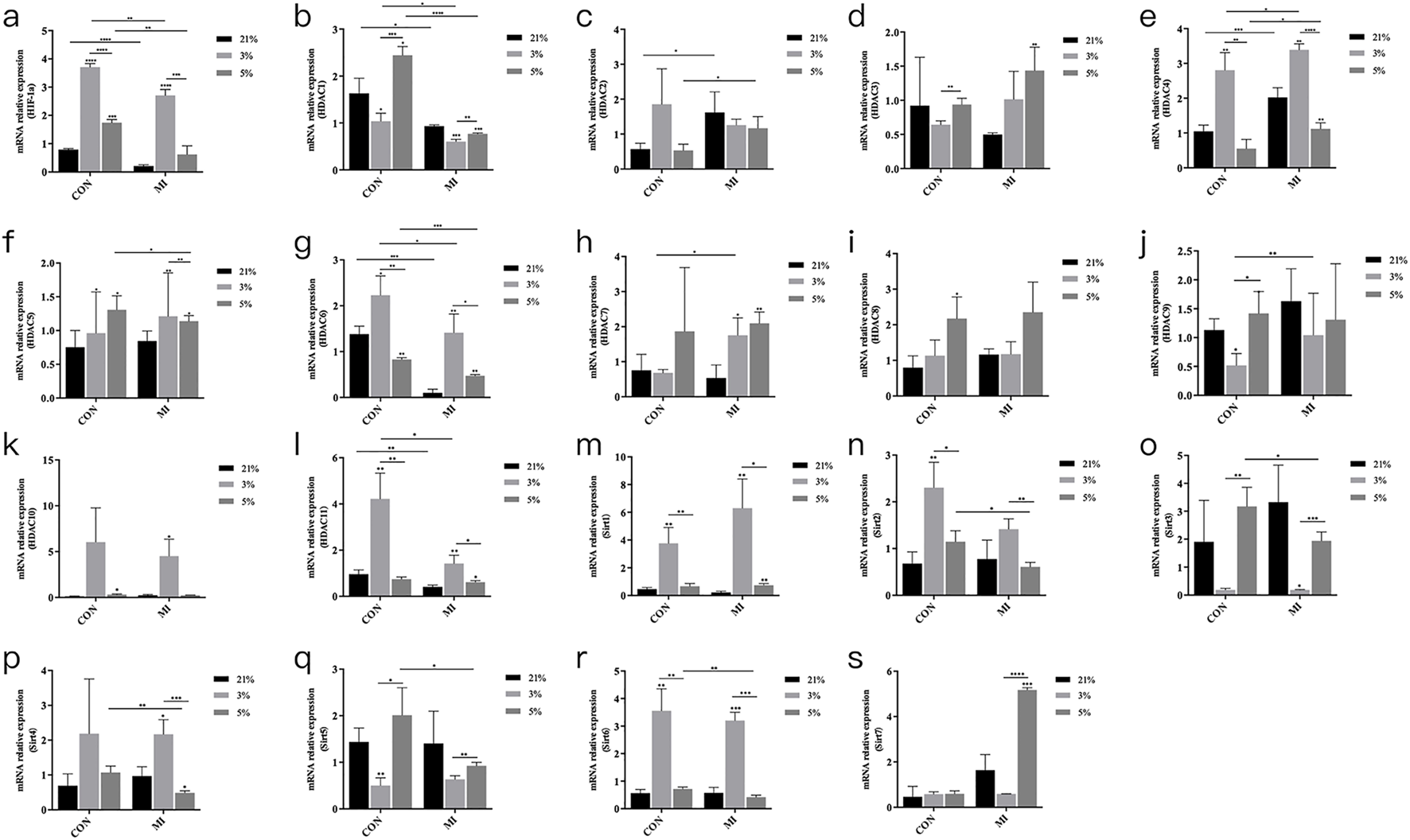 Bar graphs labeled a to s display mRNA relative expression levels for different genes, comparing control (CON) and myocardial infarction (MI) groups at 21 percent, 3 percent, and 5 percent exposure levels. Significant differences are indicated in various panels with asterisks denoting statistical significance levels.