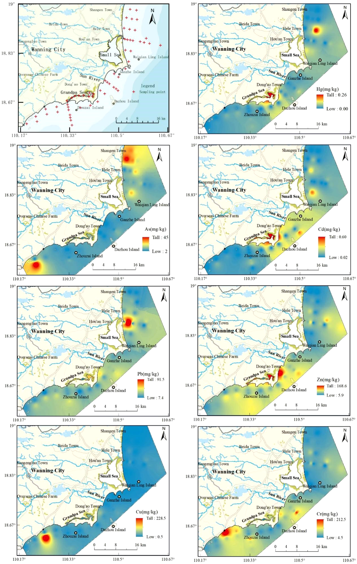 Maps illustrating the distribution of heavy metals in a coastal area around Wanning City. Each map shows varying concentrations of mercury, arsenic, cadmium, lead, zinc, copper, and chromium in milligrams per kilogram, using a color gradient from blue (low) to red (high). Notable locations include Small Sea, Grandpa Sea, and several islands. The maps indicate the spatial distribution of pollutants and their potential environmental impact.