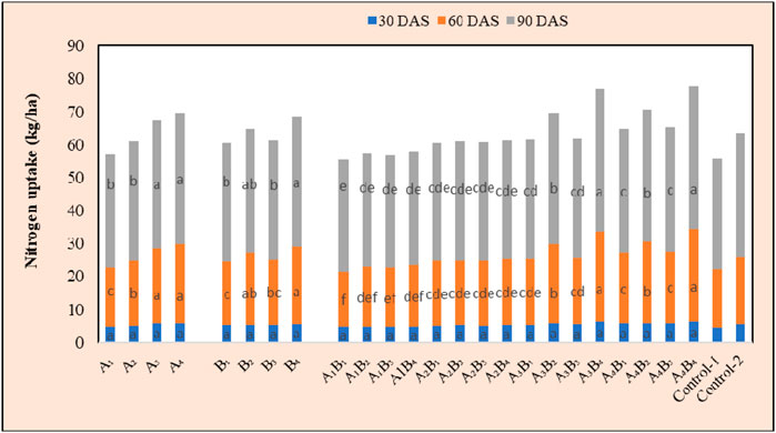 Bar chart showing nitrogen uptake in kilograms per hectare at three stages: 30, 60, and 90 days after sowing (DAS). Categories on the x-axis include A1 to A4, B1 to B4, combinations like A1B1, and controls. Each category displays bars in blue, orange, and gray for different DAS, indicating varying nitrogen uptake levels across treatments.