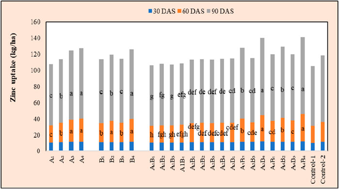 Bar chart showing zinc uptake in kilograms per hectare across different treatments. The bars are divided into three segments representing 30 DAS (blue), 60 DAS (orange), and 90 DAS (gray). Zinc uptake varies, with some treatments reaching up to 140 kg/ha. Labels a to h indicate statistical differences among treatments.