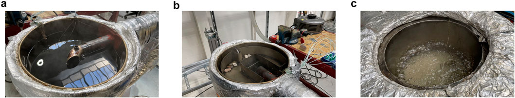 Panel A shows a cylindrical container with liquid inside, reflecting overhead lights. Panel B depicts the same container with connected wires and visible stones. Panel C displays the container with a bubbling liquid inside.