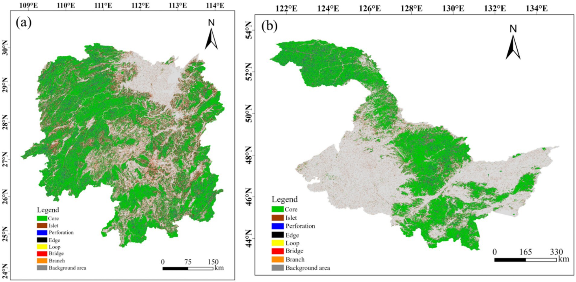 Map panels (a) and (b) display vegetation distribution using different colors. Green represents core areas, brown for islets, blue for perforations, black for edges, yellow for loops, red for bridges, orange for branches, and gray for background. Both maps include a north arrow and scale bars. Panel (a) covers coordinates from 109°E to 114°E and 24°N to 31°N, while panel (b) covers 122°E to 134°E and 44°N to 54°N.