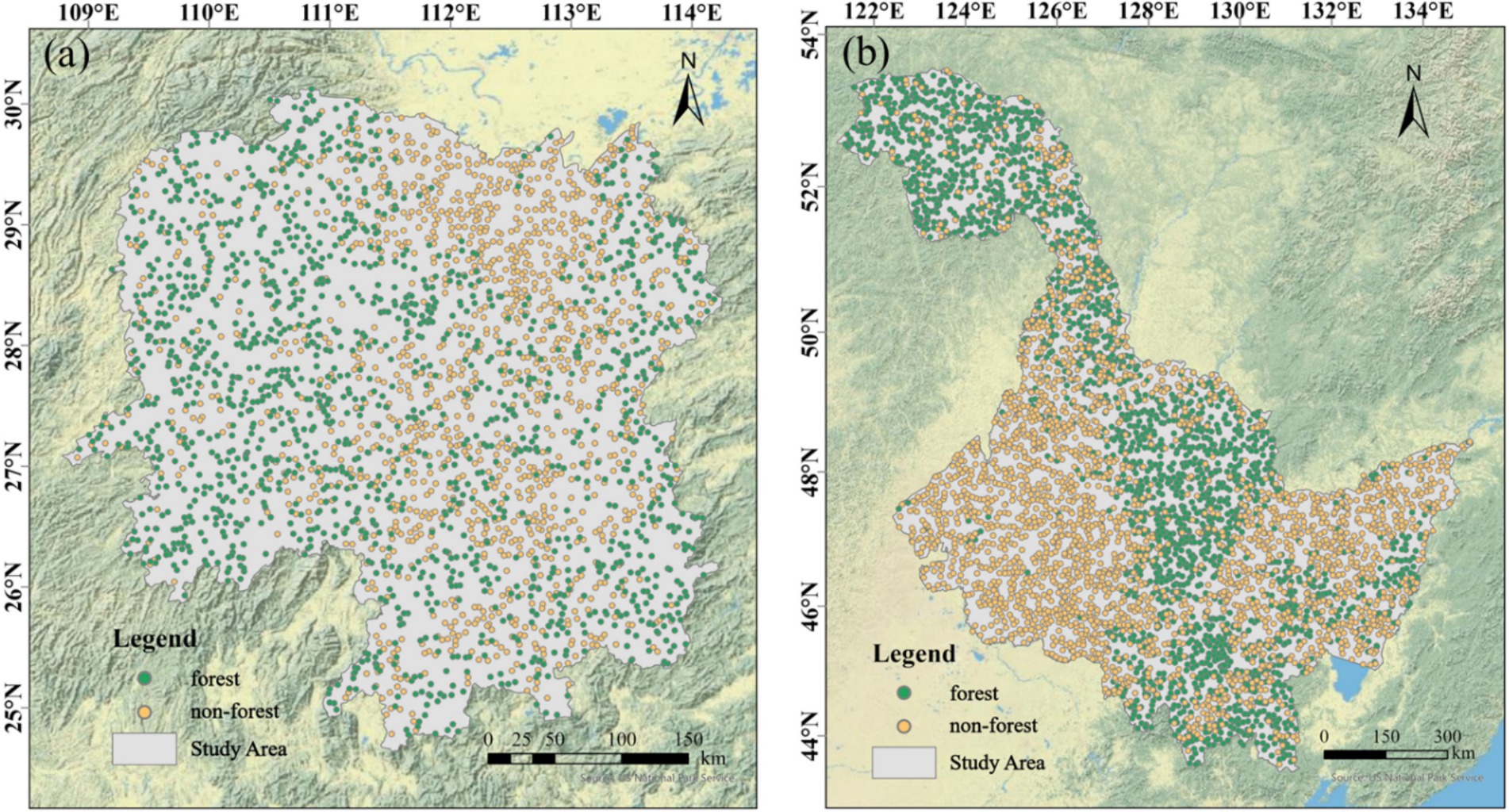 Map showing two study areas labeled (a) and (b), each marked with green dots for forests and orange dots for non-forest areas. Both areas have coordinates, scale bars, and a north arrow. Legends identify forest and non-forest locations within specified study regions.
