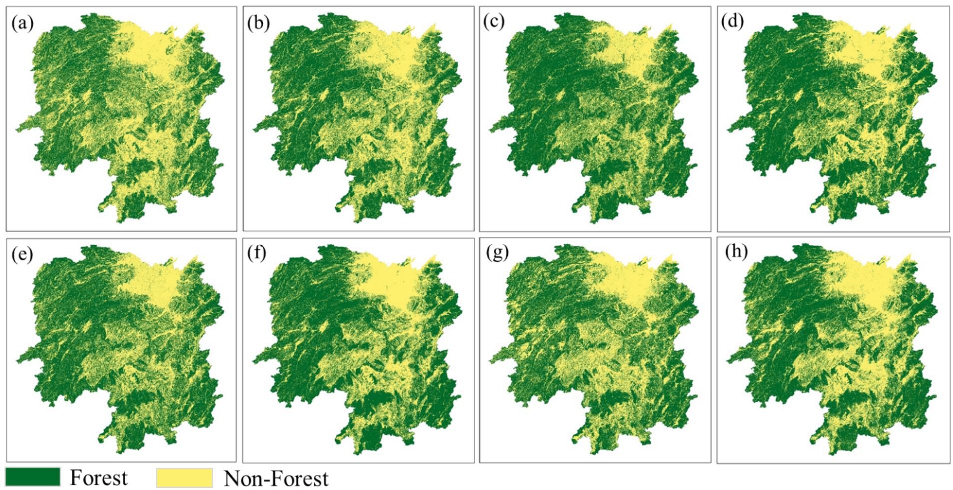 Eight panels labeled (a) to (h) depict maps of a region showing forest cover in green and non-forest areas in yellow. The legend indicates green as