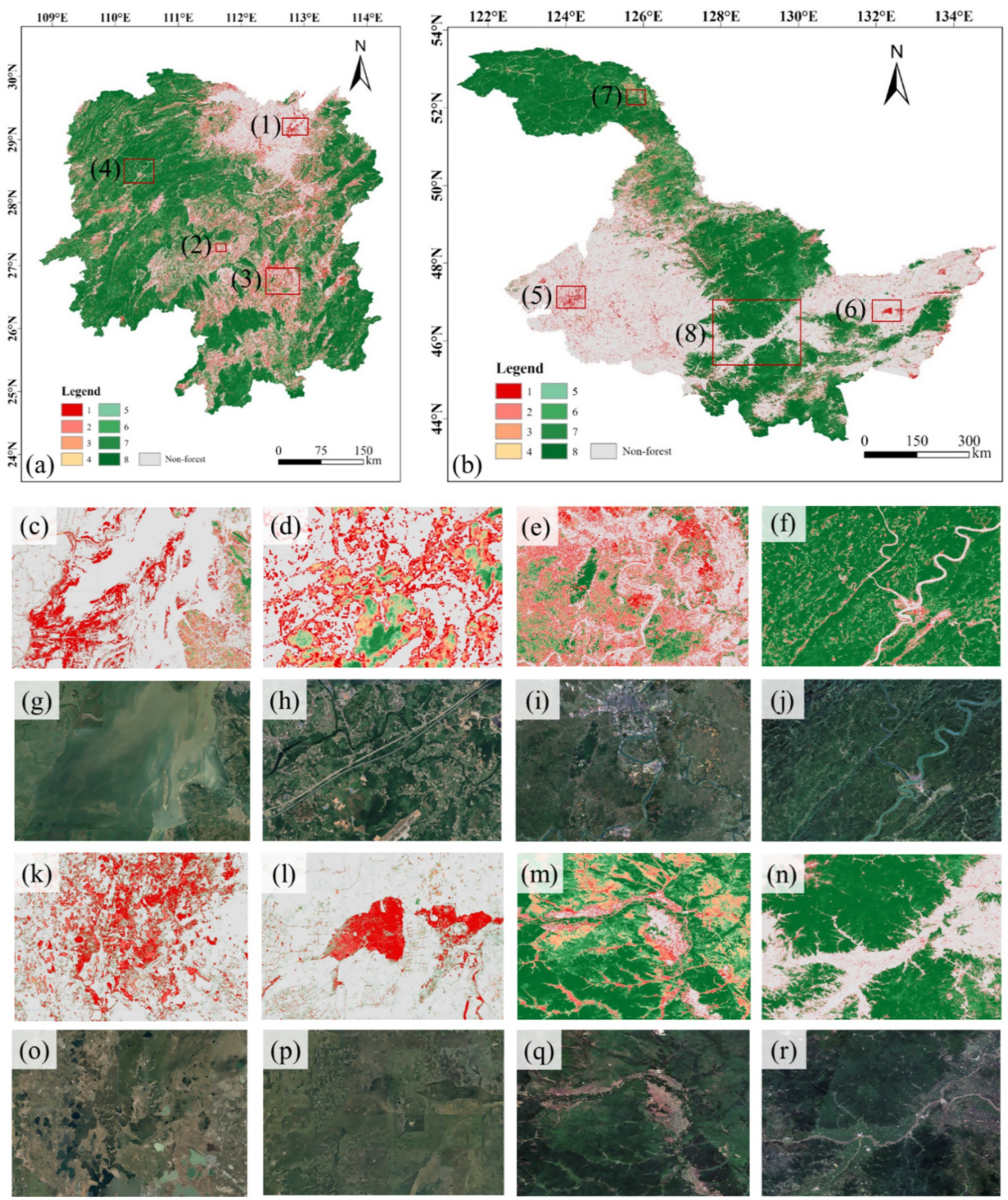 Two maps with detailed insets illustrating forest and non-forest areas using color coding. Sub-figures (a) and (b) present regional maps with labeled zones (1) to (8). Insets (c) to (r) display close-up views, providing more detailed satellite-like images of land use patterns, showing various mixtures of green (forest) and red (non-forest) regions. Legends are included to differentiate the forestation levels.