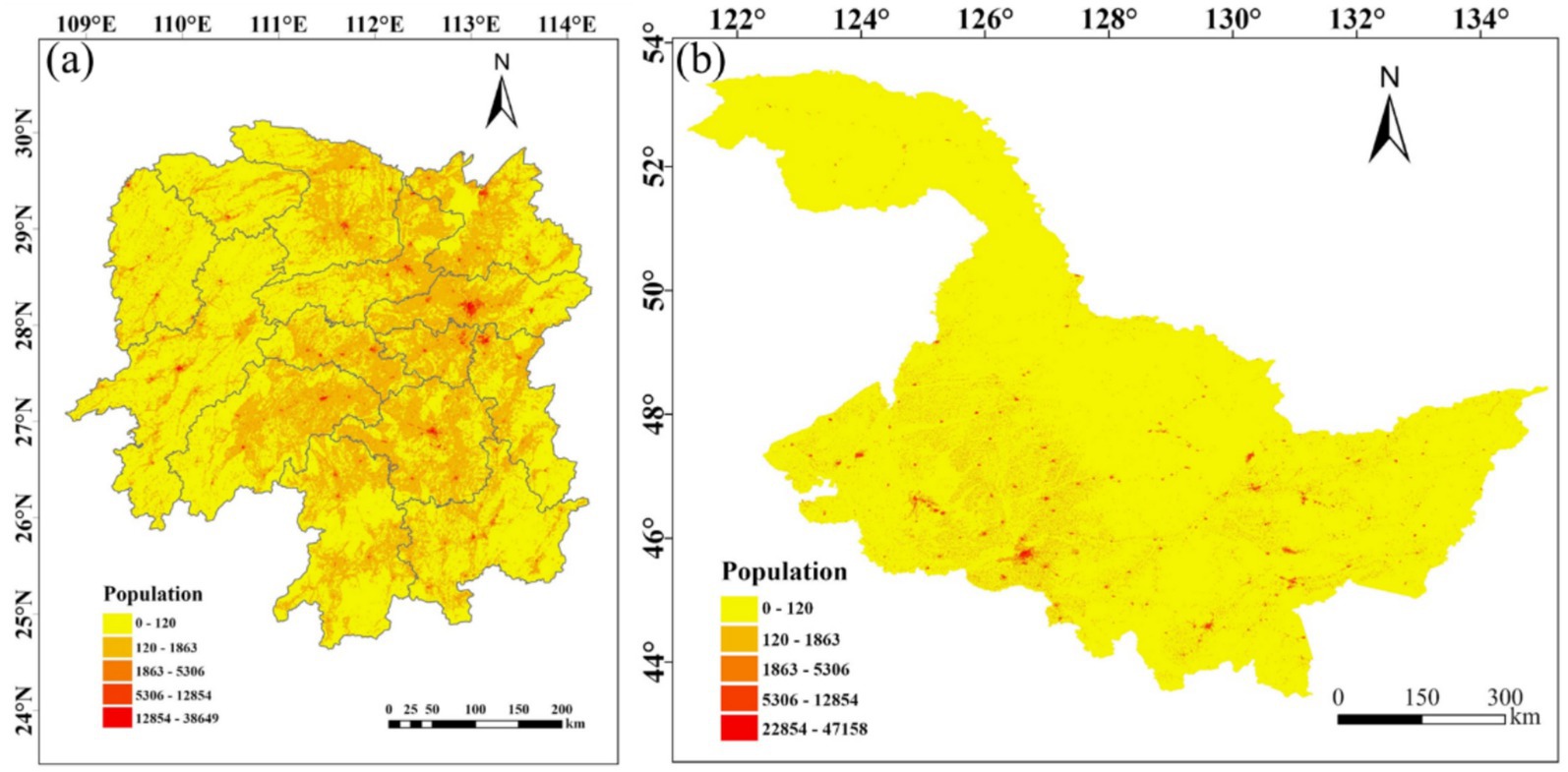 Two maps showing population density in two regions. Map (a) covers an area from 109°E to 114°E and 24°N to 31°N, highlighted in varying shades from yellow to red. Map (b) spans 122°E to 134°E and 44°N to 54°N with similar color coding. Darker red areas indicate higher population density. Both maps include a legend explaining population density color gradations and a scale bar for distance.