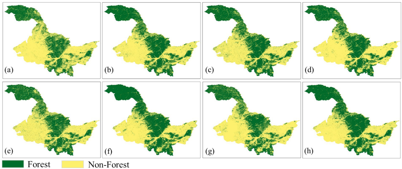 Eight side-by-side maps labeled (a) to (h) illustrate forest (green) and non-forest (yellow) areas in a region. Each map shows variations in forest coverage, highlighting changes or differences over time or under different conditions. A legend indicates the color coding for forest and non-forest areas.