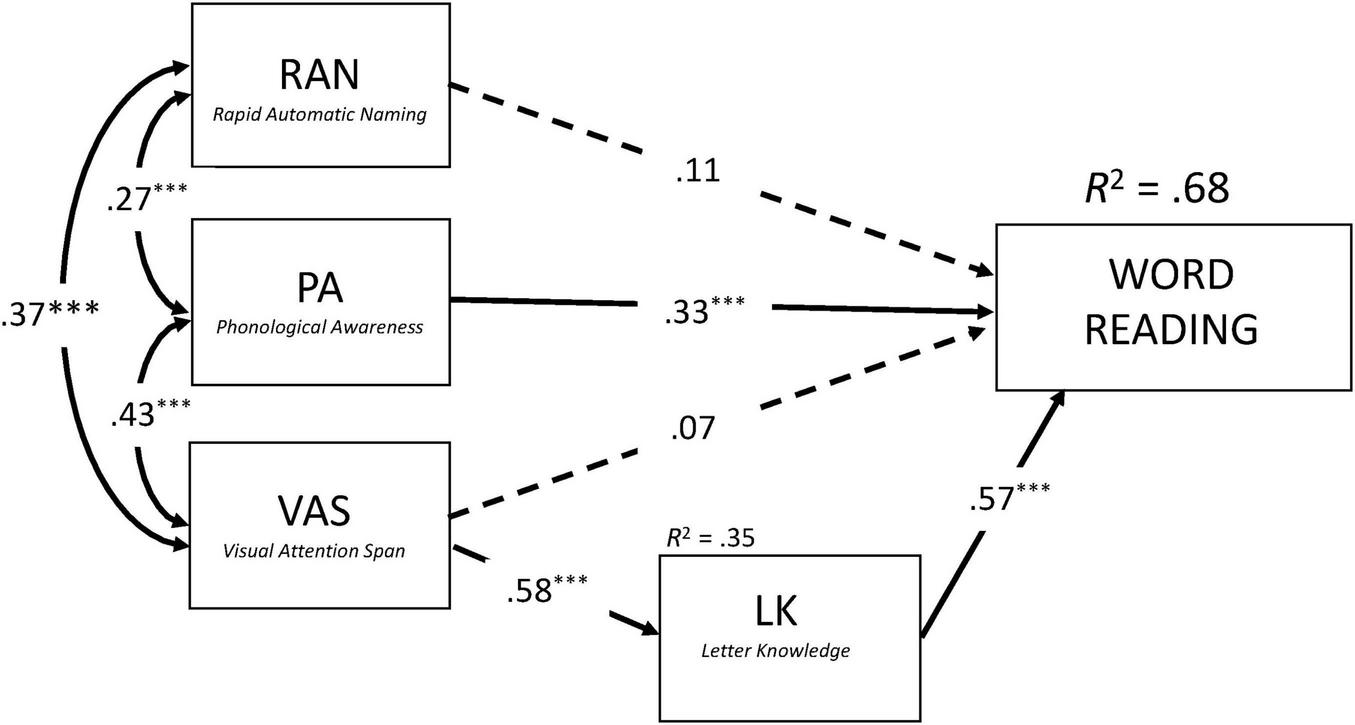 Diagram depicting the relationships between concurrent predictors and word reading fluency at the onset of literacy instruction in Arabic. Phonological awareness (PA) and Letter Knowledge (LK) directly contribute to word reading fluency (solid lines). The direct effects of Rapid Automatized Naming (RAN) and Visual Attention Span (VAS) are non-significant (dashed lines). VAS exerts only an indirect influence, predicting LK, which in turn predicts word reading fluency. The whole model explains 68% of variance in word reading fluency.