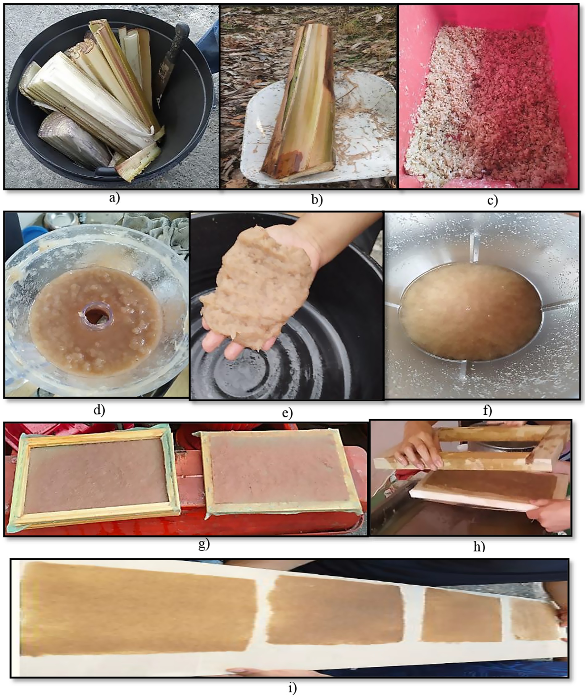 Series of images showing the process of making handmade paper:a) Banana pseudostems in a black container.b) A stripped section of a pseudostem.c) Pulp in a container.d) Blended pulp mixture.e) Pulp held in hand, showing texture.f) Pulp mixture in a blender.g) Two wooden frames with pulp spread on them, forming sheets.h) A person lifting newly formed paper sheets from a frame.i) Final sheets of paper drying on a surface.