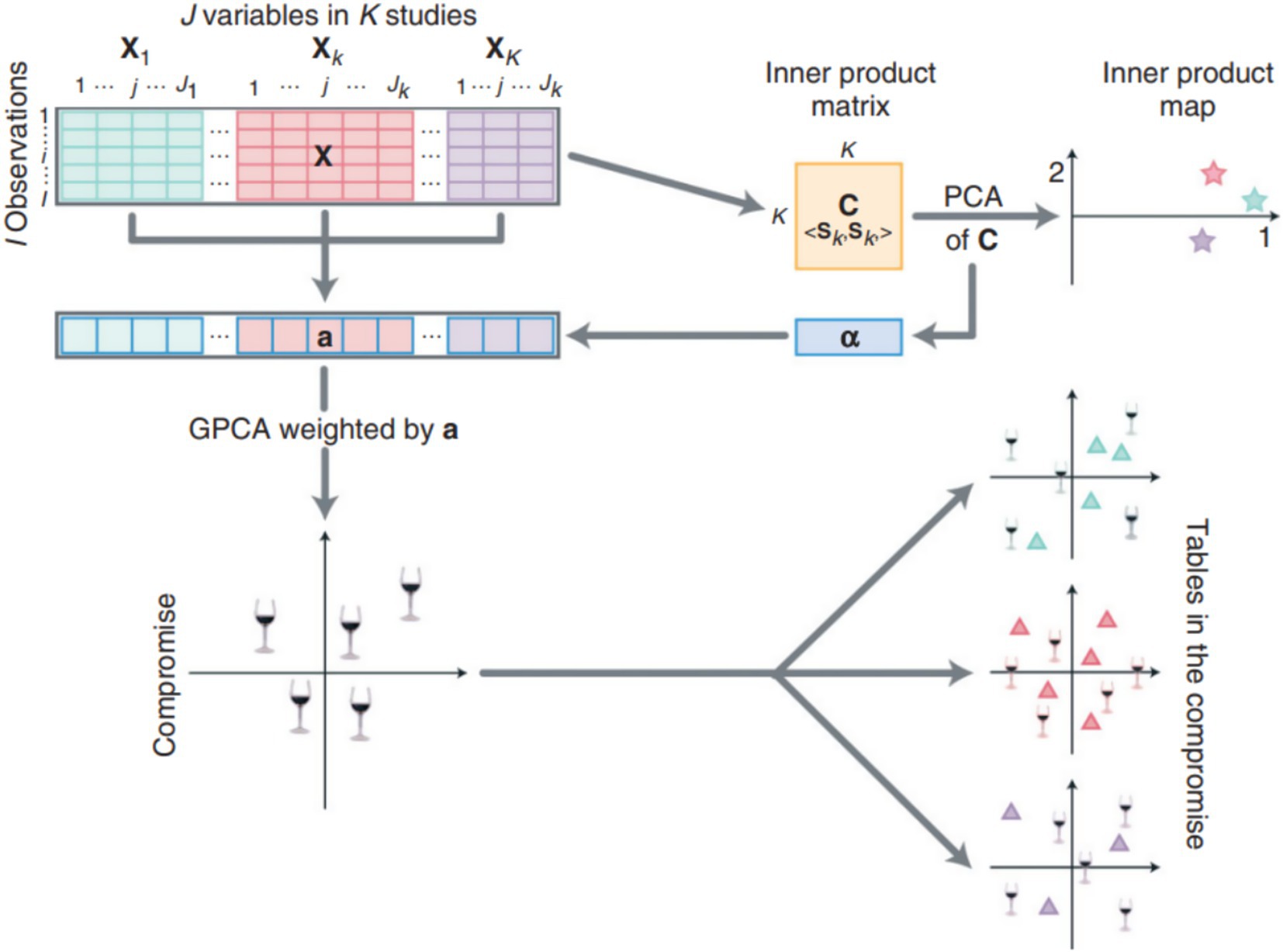 Flowchart illustrating a statistical analysis process with multiple tables and graphs. It shows how observations are grouped into variables across different studies, forming a matrix X. The data is transformed into an inner product matrix C and further analyzed using principal component analysis (PCA). Results are visualized as compromise scores and tables, represented by colored shapes and wine glasses, indicating different study outcomes.