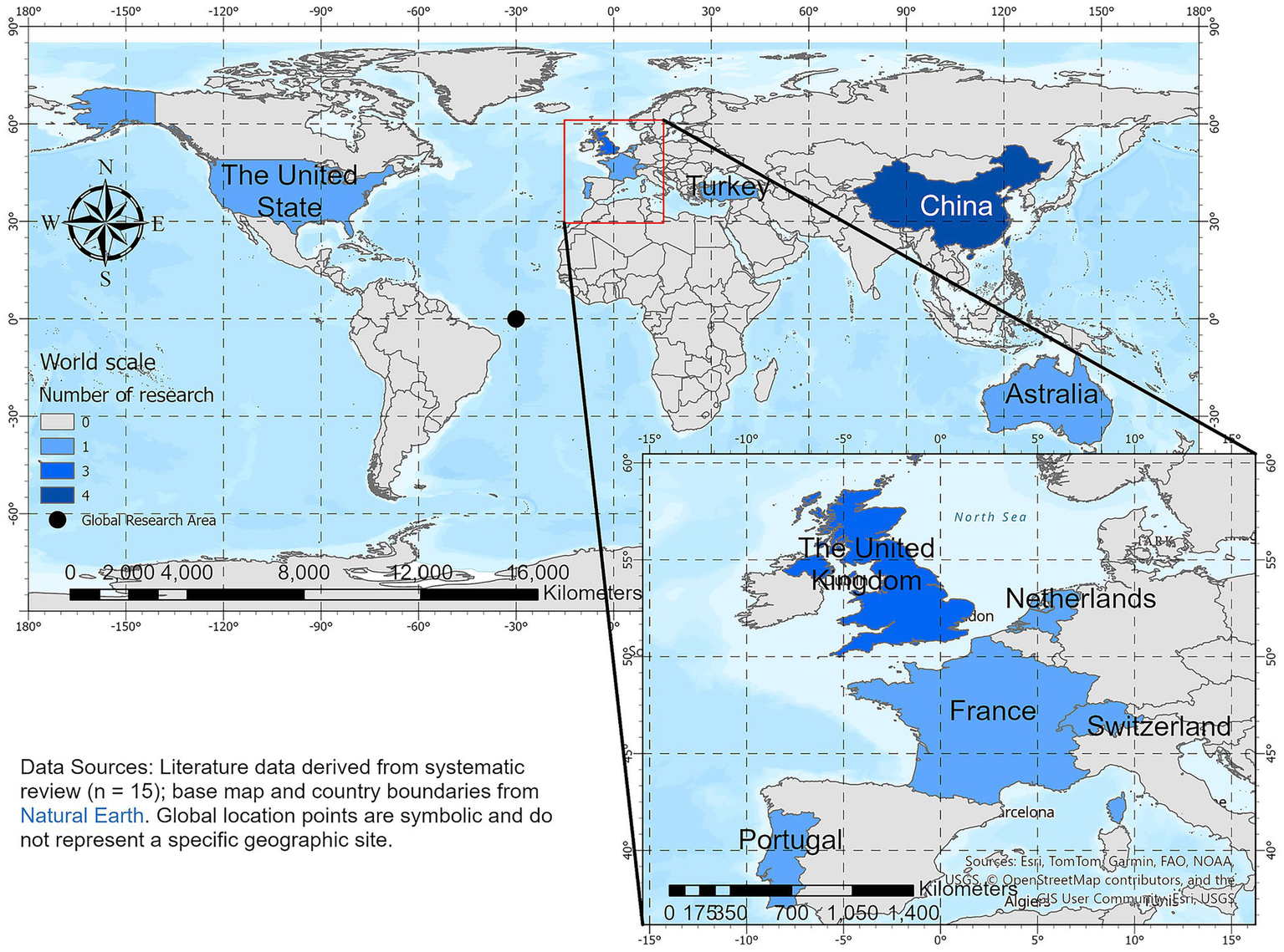 Map highlighting research areas in various countries, shown in blue shades. Countries include the United States, China, Australia, Turkey, United Kingdom, France, Netherlands, Switzerland, and Portugal. The map features a world scale legend, indicating the number of research studies per country, and a compass rose. An inset details European countries. Data sources are mentioned below the map.