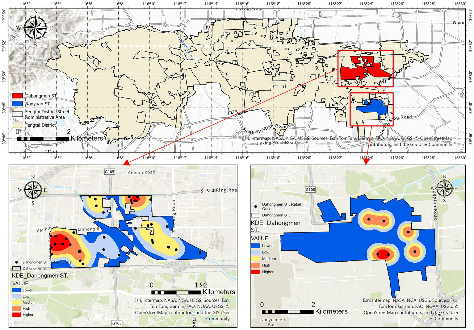 Map showing the Fengtai District highlighting Dahonmen and Nanyuan streets in red and blue. Two insets detail Dahonmen's street layout with color contours for value intensities: blue for lower, red for higher. Both contain a scale and north compass.