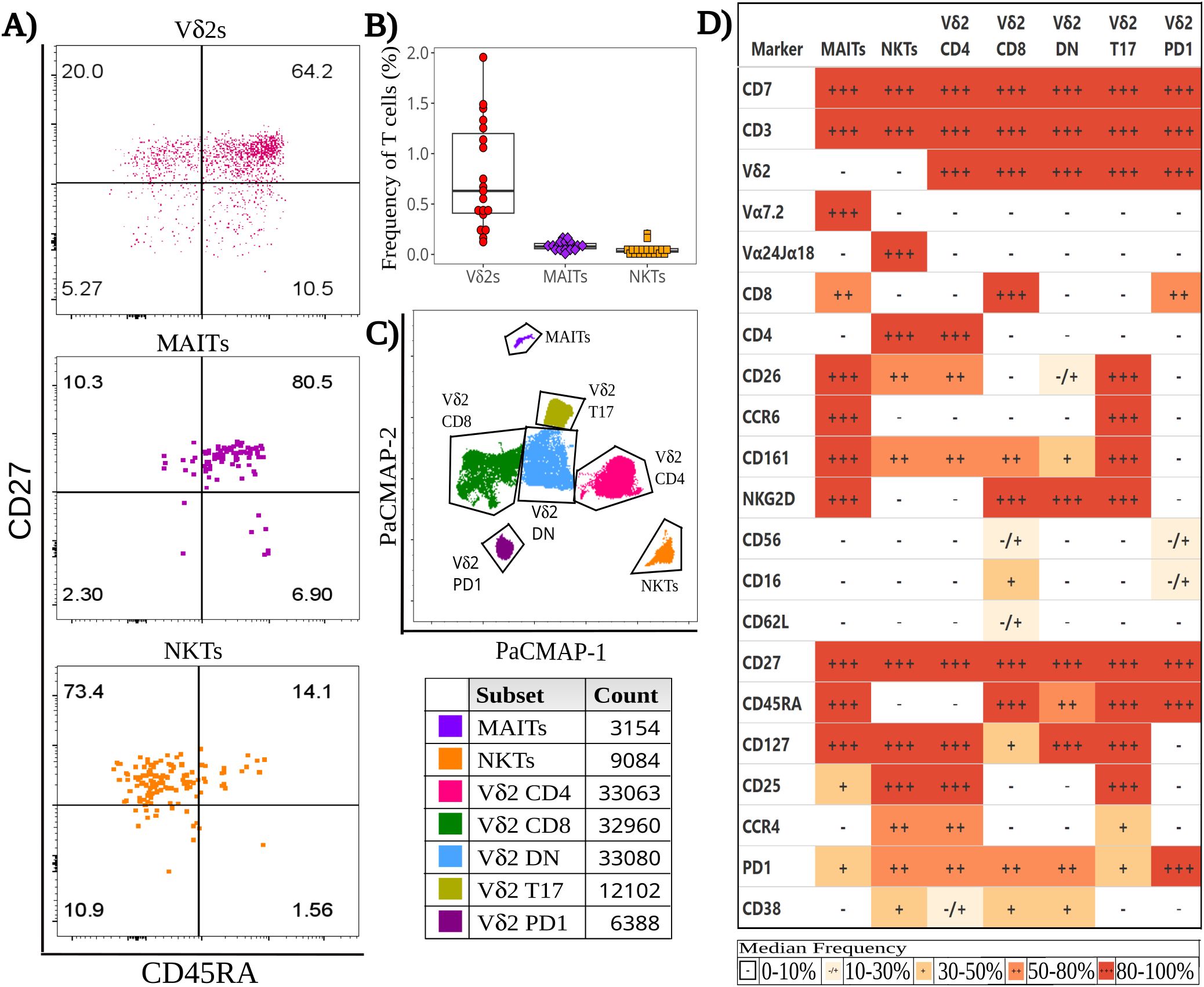 Scatter plots, box plot, cluster map, and heatmap showing T cell analysis. A) CD27 vs. CD45RA scatter plots for Vδ2s, MAITs, and NKTs. B) Box plot of T cell frequency. C) PaCMAP cluster map with subsets and counts. D) Heatmap of marker expression across T cell subsets, with frequencies indicated.
