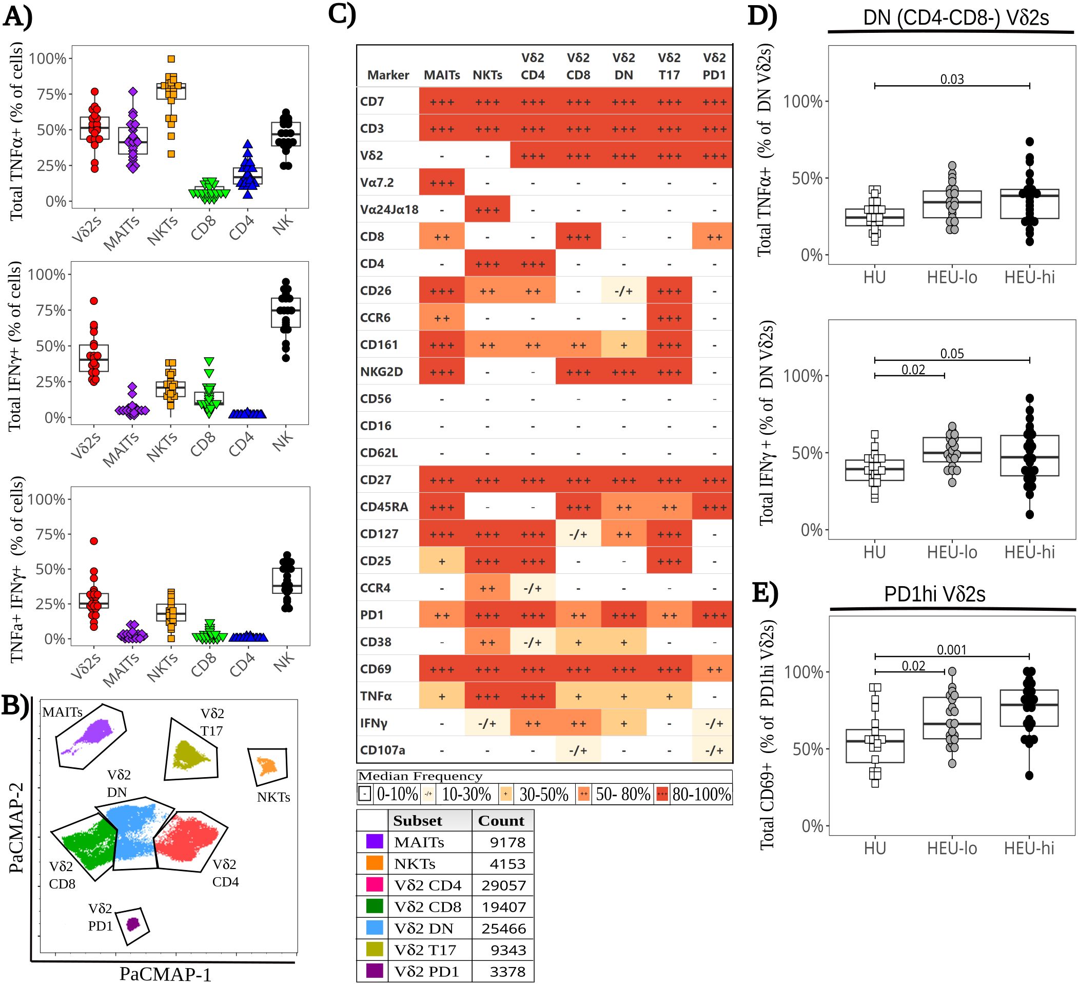Graphical data visualization featuring multiple charts and tables. Panel A shows various dot plots for cell types like Vδ2 and NKTs with percentages of TNFα+, IFNγ+, and TNFα+ IFNγ+ cells. Panel B illustrates a PaCMAP cluster density plot for cell subsets. Panel C contains a heatmap table of marker expressions for different T cell subsets, with color intensity indicating median frequency. Panel D presents box plots comparing TNFα+ and IFNγ+ cell percentages across different donor groups. Panel E shows a box plot of CD69+ PD1hi Vδ2 cells across donor groups, indicating statistical significance with p-values.