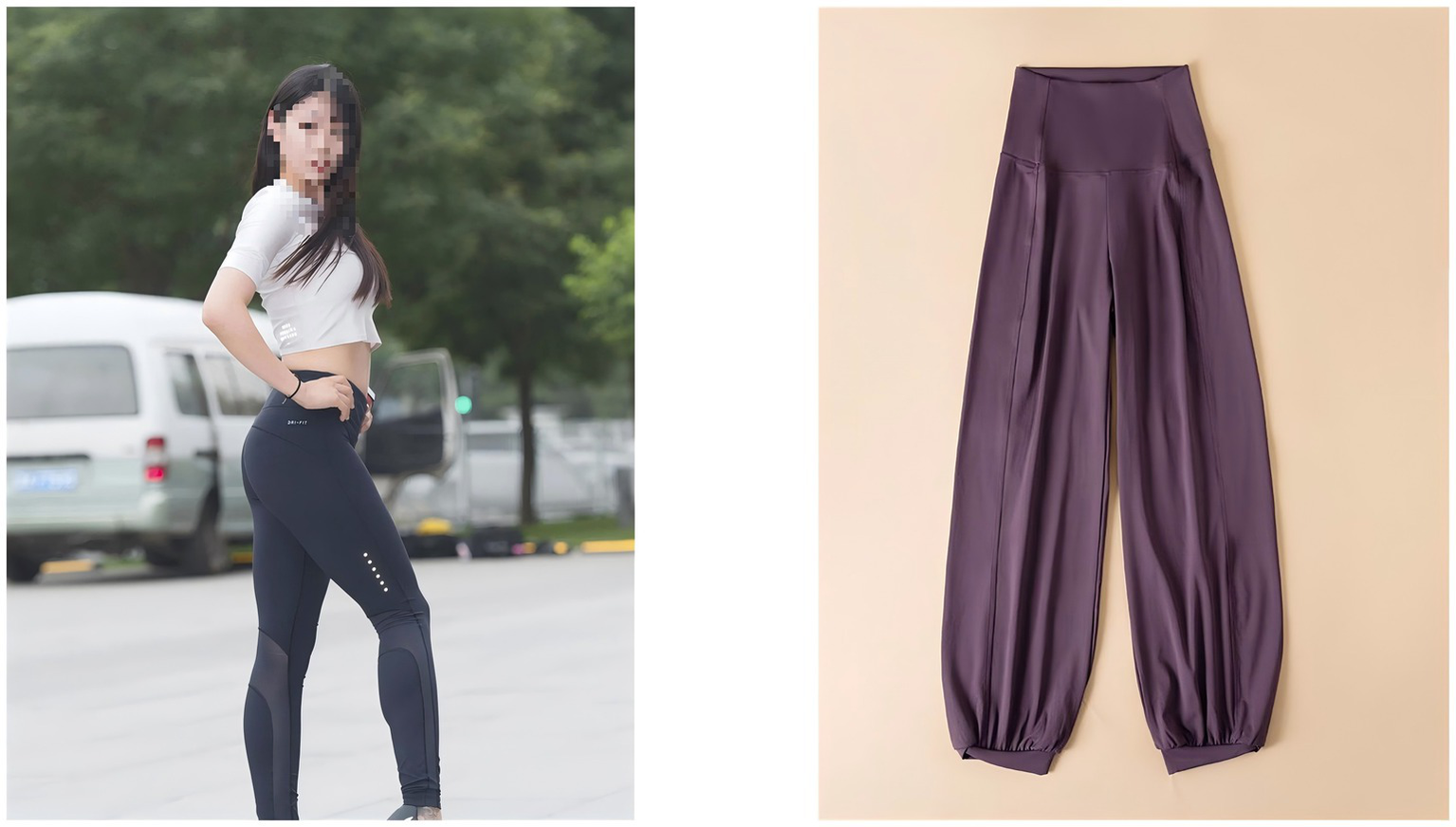 A woman wearing a white crop top and dark high-waisted leggings poses outdoors on the left. On the right, there is a pair of purple wide-leg pants displayed on a beige surface.
