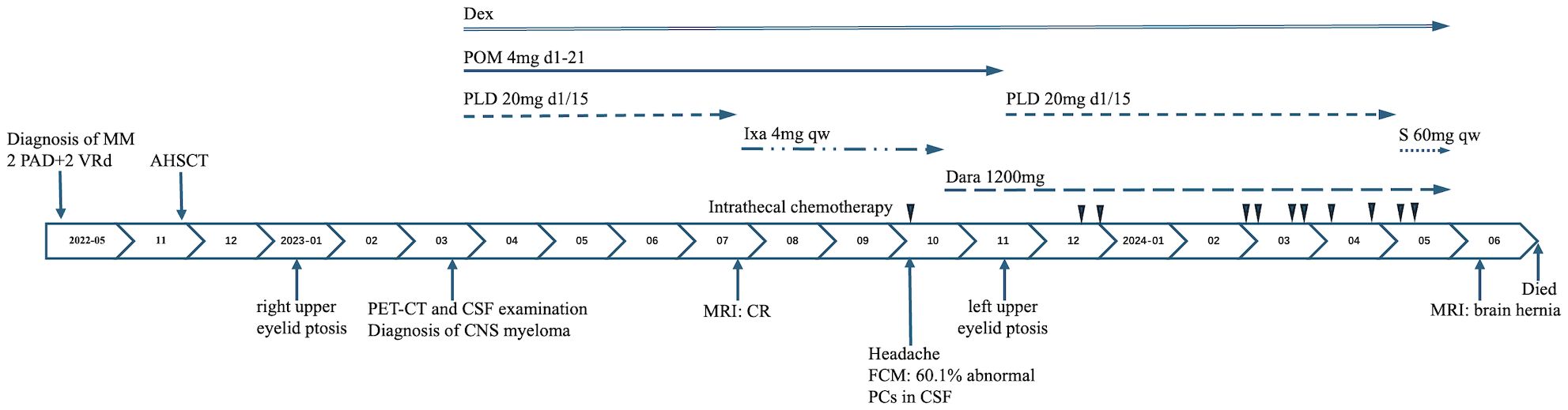 Timeline chart depicting a medical treatment and diagnosis journey from May 2022 to June 2024. It includes various events, treatments, and tests such as diagnosis of multiple myeloma, autologous hematopoietic stem cell transplantation, intrathecal chemotherapy, and several medications like POM, PLD, and Dara. Specific occurrences noted are right upper eyelid ptosis, PET-CT and CSF examination revealing CNS myeloma, MRI indicating complete remission, and later brain hernia resulting in death. Various arrows indicate medication regimens and durations.
