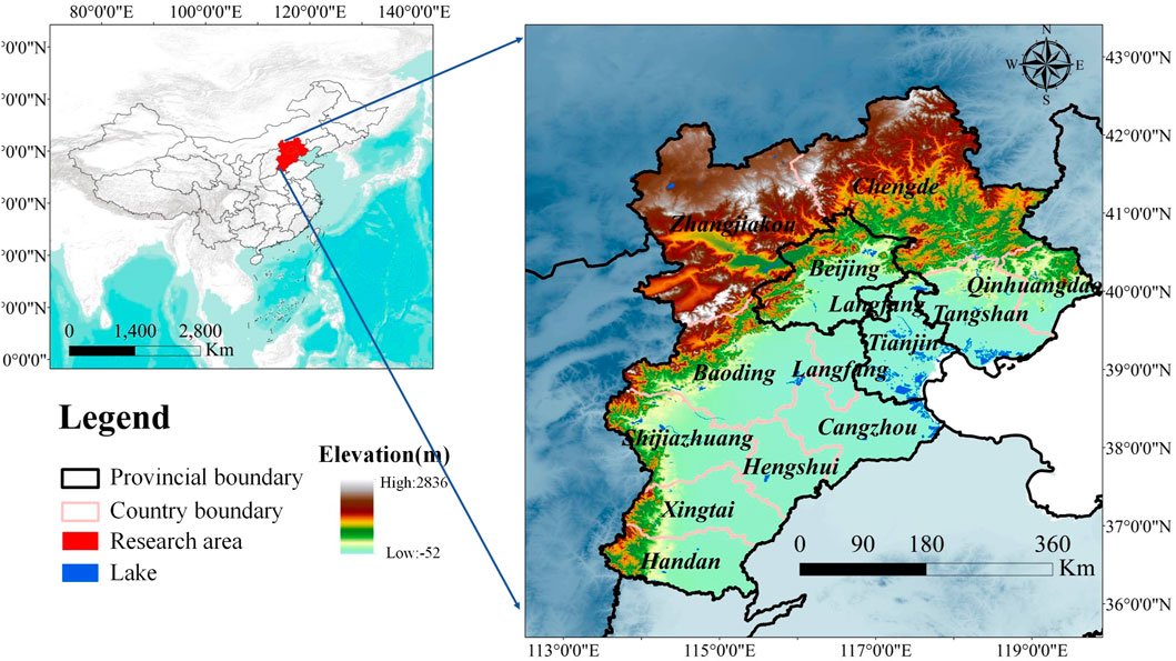 Map illustration showing the elevation of a research area in China. The map highlights regions like Zhangjiakou, Beijing, Tianjin, and Qinhuangdao. Elevation is color-coded, ranging from high (red) to low (green). A smaller inset map indicates the location within China. A legend identifies provincial boundaries, country boundaries, the research area in red, and lakes in blue. Compass directions are marked.