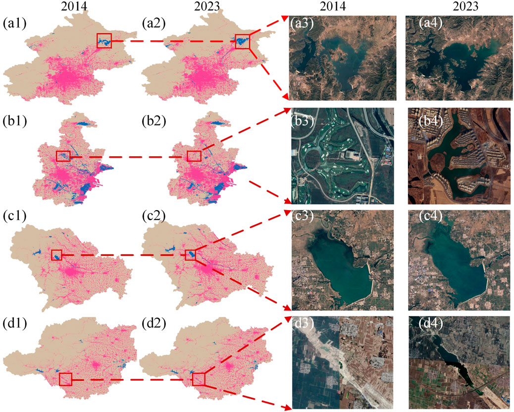Maps and satellite images from 2014 and 2023 show changes in four regions. Panels a1 to d1 depict 2014 maps, while a2 to d2 depict 2023 maps, highlighting urban growth in pink and water bodies in blue. Panels a3 to d3 and a4 to d4 present satellite views of these regions, showing noticeable expansions and transformations in urban and water landscapes over the nine years.