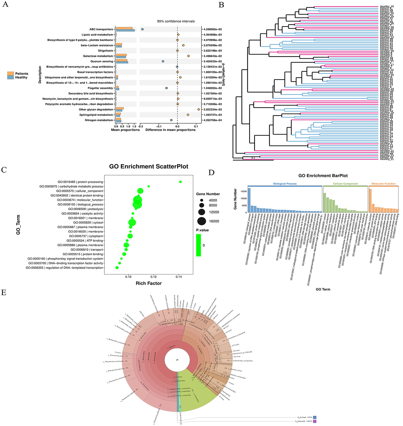 Multifaceted image depicting data visualizations. Panel A shows a heatmap with GO terms comparing healthy and patient groups. Panel B displays a stacked bar chart of relative abundance of GO terms. Panel C presents a stacked bar chart for GO functions. Panel D offers a bar chart for KEGG pathway classification with color-coded categories. Panel E contains a bar chart showing the number of unigenes across different functional groups, labeled with letters A to Z and a corresponding legend. Each visualization is detailed with color coding for categories and functions within biological processes.