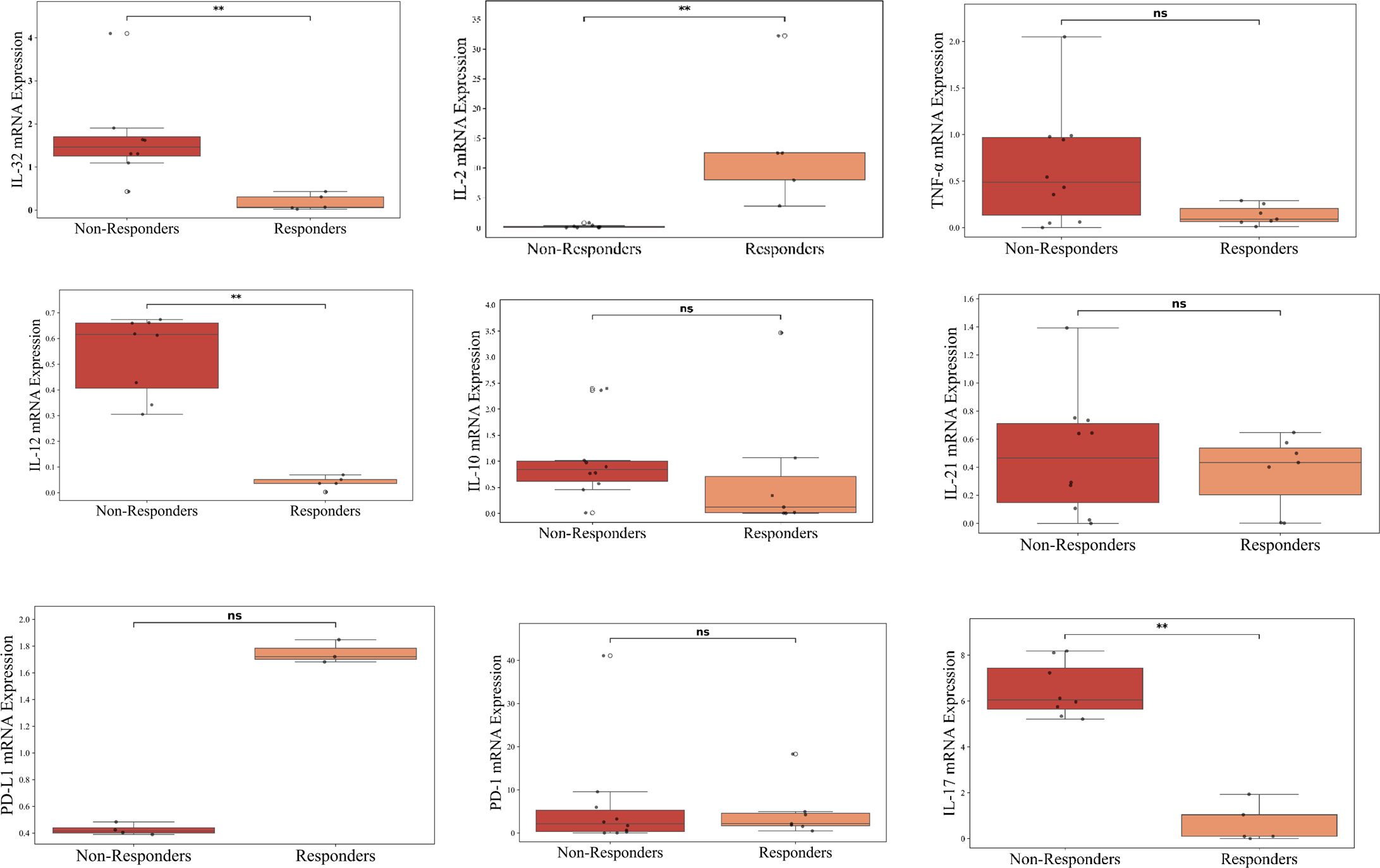Nine box plots comparing mRNA expression levels of IL-32, IL-2, TNF-α, IL-12, IL-10, IL-21, PD-L1, PD-1, and IL-17 between non-responders and responders. Significant differences marked with asterisks and non-significant with “ns”.