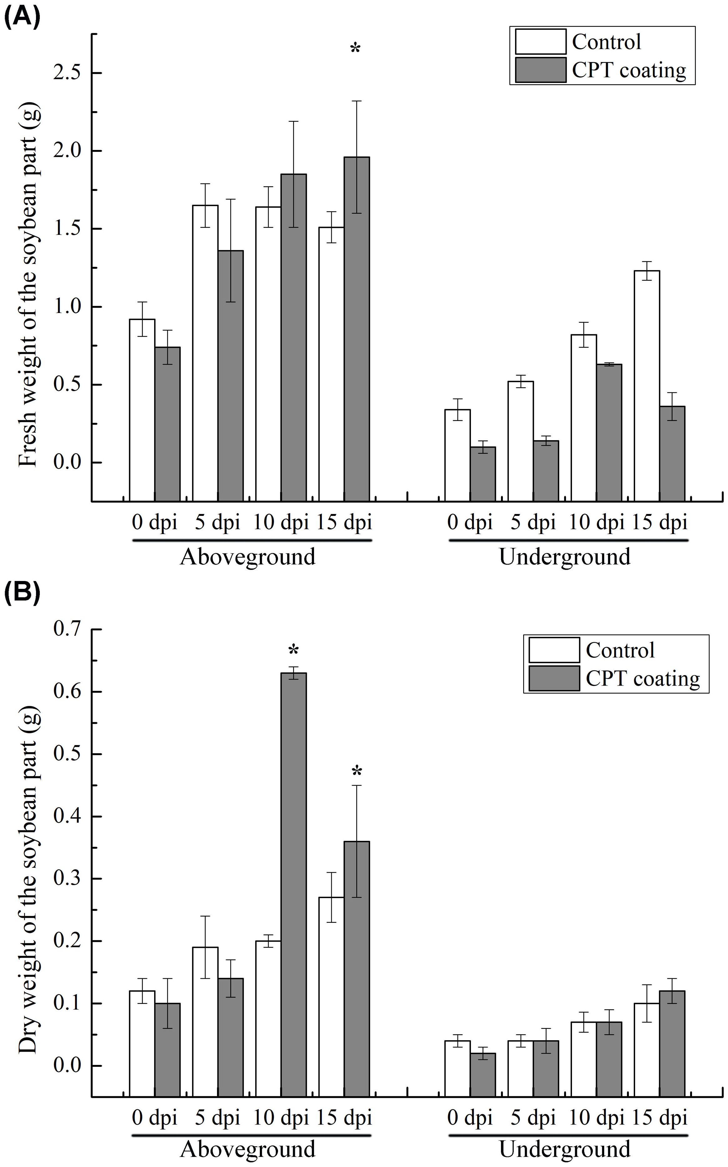 Bar graphs comparing fresh and dry weight of soybean parts with CPT coating and control over time. (A) Fresh weight of aboveground and underground parts from zero to fifteen days post-inoculation (dpi). (B) Dry weight of aboveground and underground parts in the same time frame. CPT coating shows increased weight compared to control, with significant differences noted.