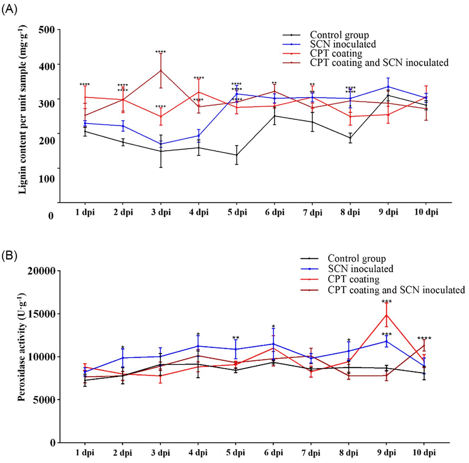 Two line graphs show the effects of different treatments on lignin content and peroxidase activity over ten days. (A) Lignin content graph has four lines: control (black), SCN inoculated (blue), CPT coating (red), and CPT coating with SCN inoculated (pink), showing variations with clustering around 300 mg per g. (B) Peroxidase activity graph depicts similar groupings with peaks at 9 dpi, peaking around 15000 U g⁻¹.
