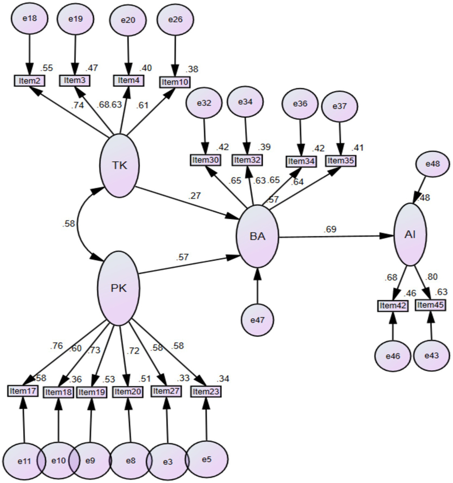 A structural equation model diagram depicts relationships among variables. The model includes latent variables TK, PK, BA, and AI, with arrows indicating paths and standardized coefficients. Each variable connects to observed items and error terms, such as Item2 to Item10, and Item30 to Item45, with corresponding numbers.