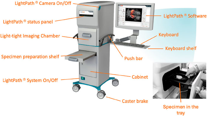 Medical imaging device labeled with components: Camera On/Off, status panel, light-tight imaging chamber, specimen preparation shelf, System On/Off, caster brake, cabinet, push bar, keyboard with shelf, LightPath software on a monitor, and a specimen in a tray.